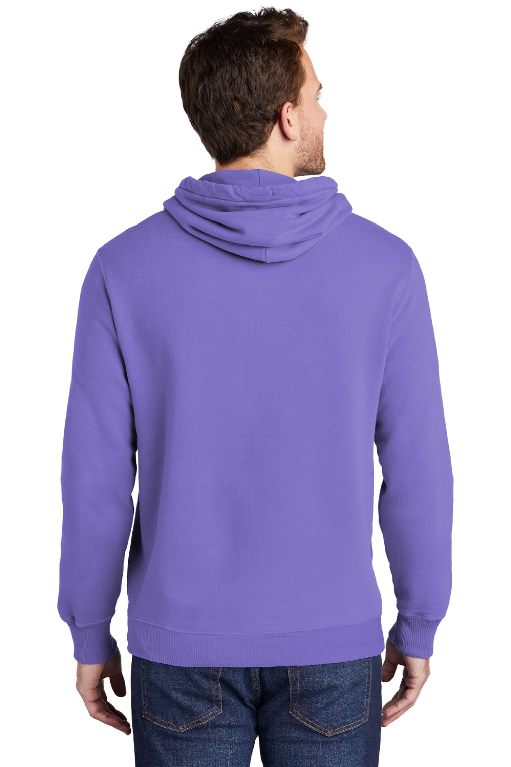 Port & Company PC098H Mens Beach Wash Fleece Hooded Sweatshirt Hoodie w/ Pouch Pocket Amethyst Purple Model Back