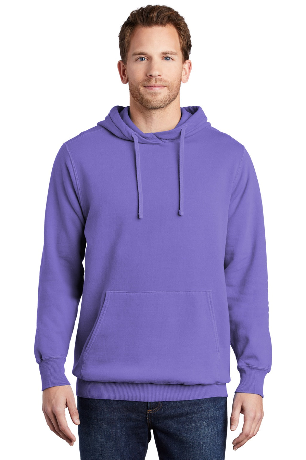 Port & Company PC098H Mens Beach Wash Fleece Hooded Sweatshirt Hoodie w/ Pouch Pocket Amethyst Purple Model Front