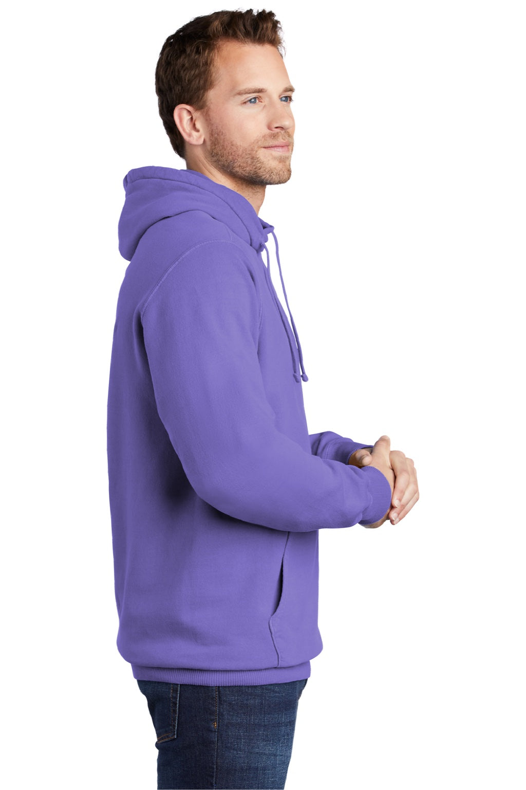 Port & Company PC098H Mens Beach Wash Fleece Hooded Sweatshirt Hoodie w/ Pouch Pocket Amethyst Purple Model Side