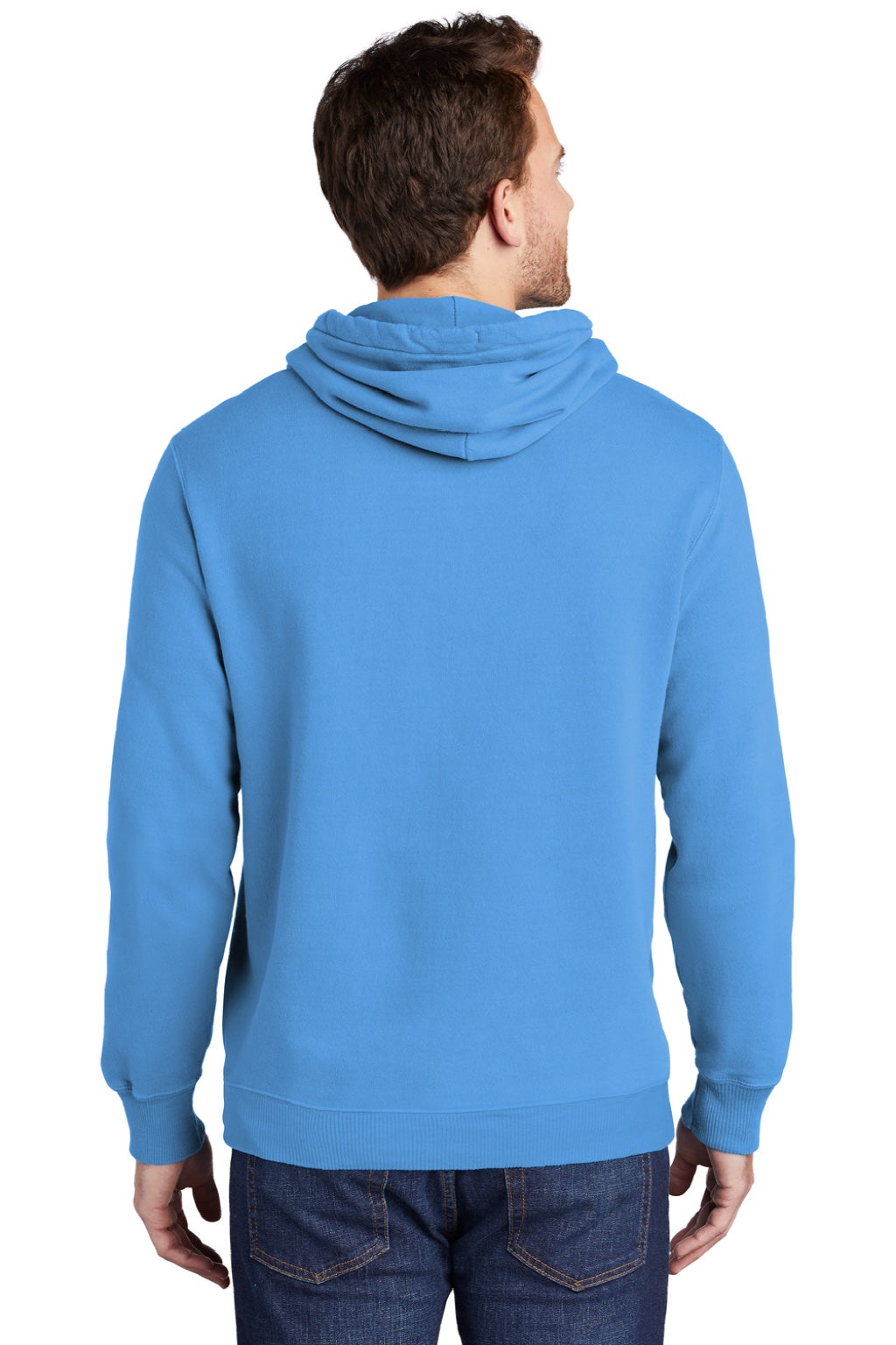 Port & Company PC098H Mens Beach Wash Fleece Hooded Sweatshirt Hoodie w/ Pouch Pocket Blue Moon Model Back