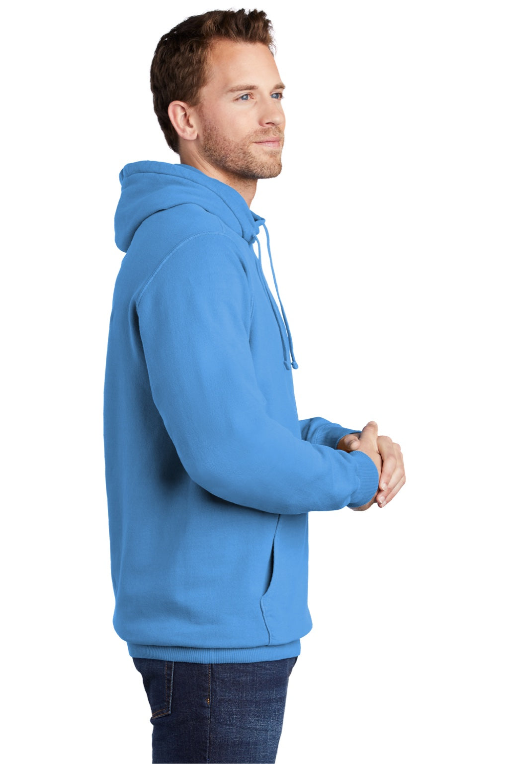 Port & Company PC098H Mens Beach Wash Fleece Hooded Sweatshirt Hoodie w/ Pouch Pocket Blue Moon Model Side
