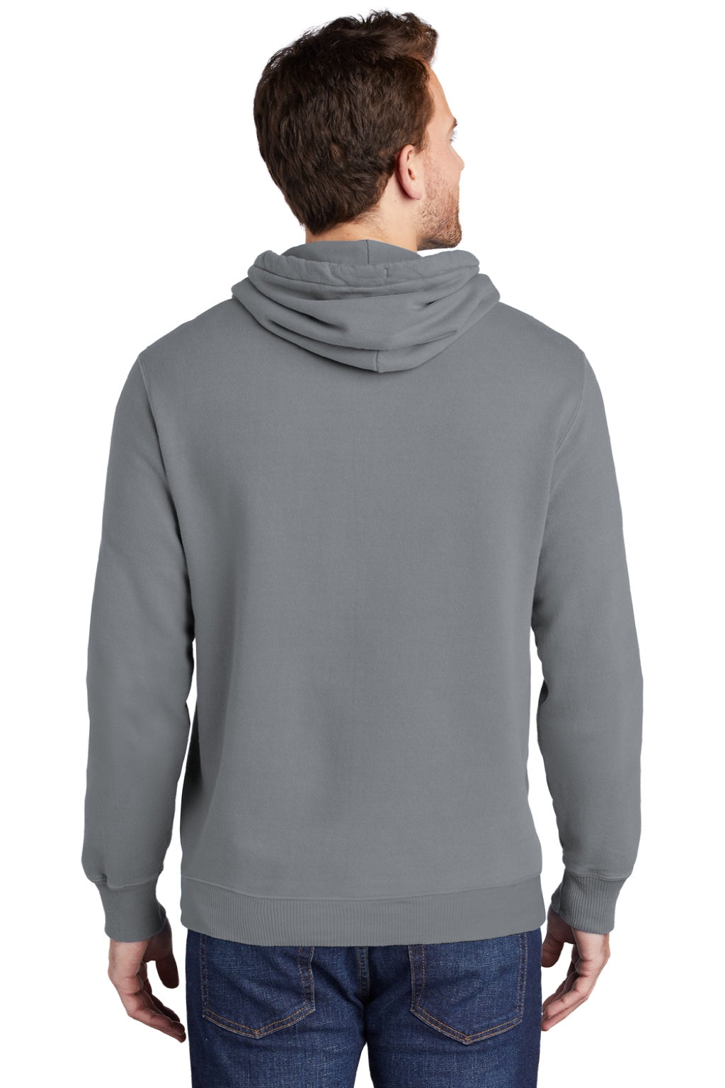 Port & Company PC098H Mens Beach Wash Fleece Hooded Sweatshirt Hoodie w/ Pouch Pocket Coal Grey Model Back