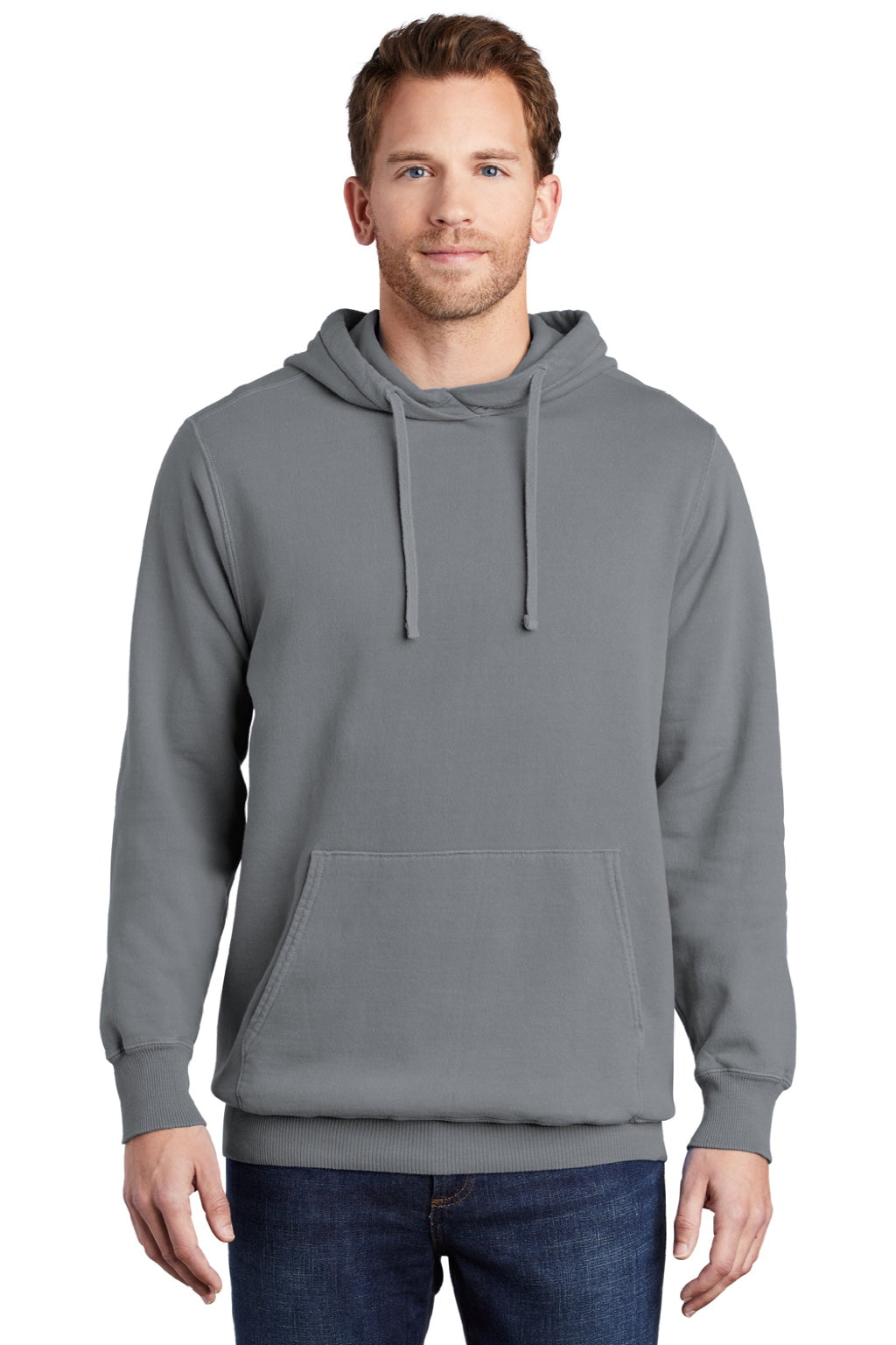 Port & Company PC098H Mens Beach Wash Fleece Hooded Sweatshirt Hoodie w/ Pouch Pocket Coal Grey Model Front