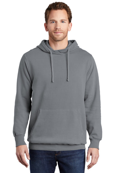Port & Company PC098H Mens Beach Wash Fleece Hooded Sweatshirt Hoodie w/ Pouch Pocket Coal Grey Model Front