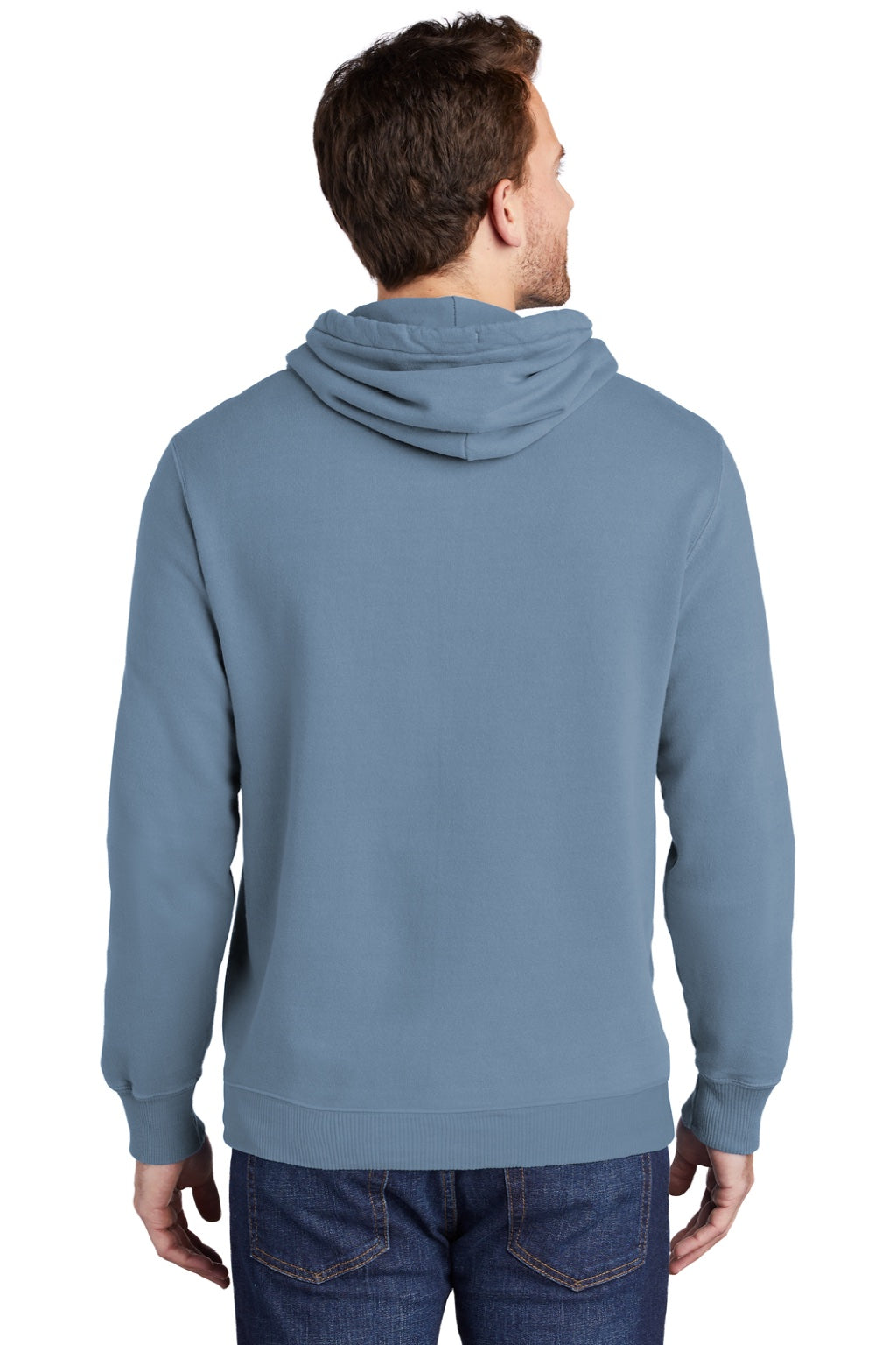 Port & Company PC098H Mens Beach Wash Fleece Hooded Sweatshirt Hoodie w/ Pouch Pocket Denim Blue Model Back