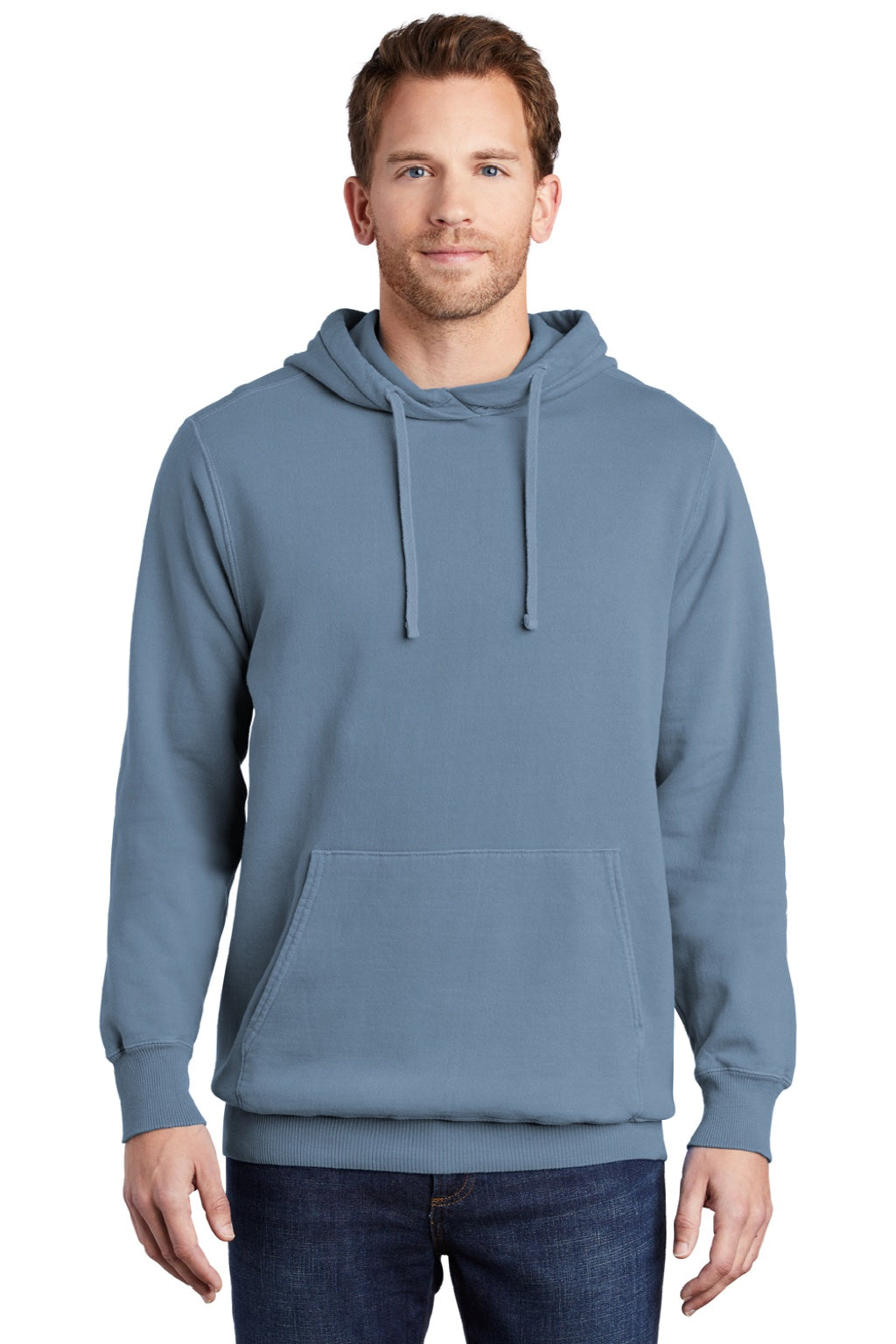 Port & Company PC098H Mens Beach Wash Fleece Hooded Sweatshirt Hoodie w/ Pouch Pocket Denim Blue Model Front