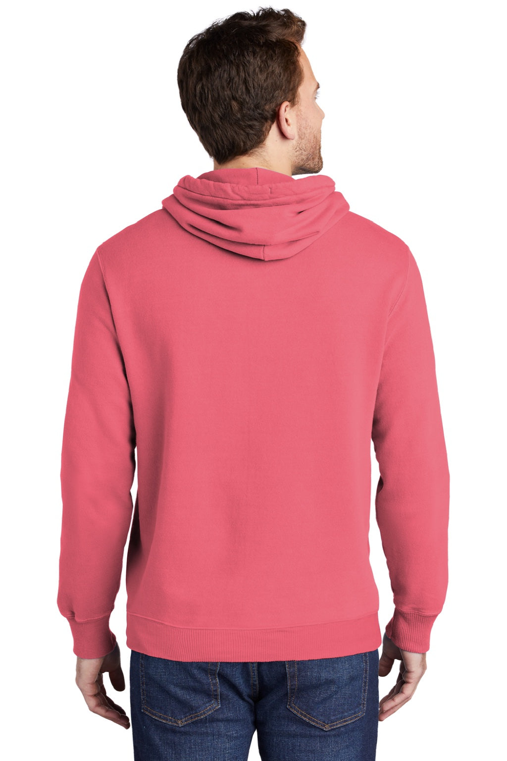 Port & Company PC098H Mens Beach Wash Fleece Hooded Sweatshirt Hoodie w/ Pouch Pocket Fruit Punch Pink Model Back