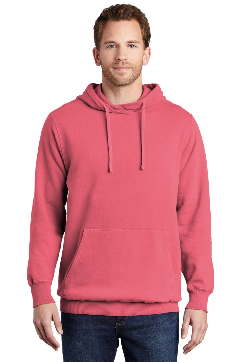 Port & Company PC098H Mens Beach Wash Fleece Hooded Sweatshirt Hoodie w/ Pouch Pocket Fruit Punch Pink Model Front