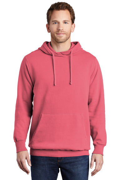 Port & Company PC098H Mens Beach Wash Fleece Hooded Sweatshirt Hoodie w/ Pouch Pocket Fruit Punch Pink Model Front