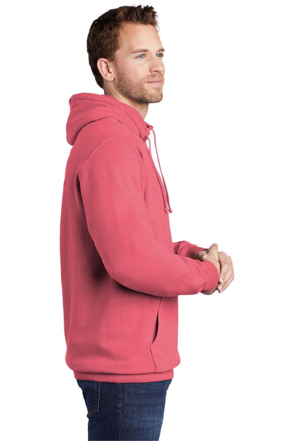 Port & Company PC098H Mens Beach Wash Fleece Hooded Sweatshirt Hoodie w/ Pouch Pocket Fruit Punch Pink Model Side