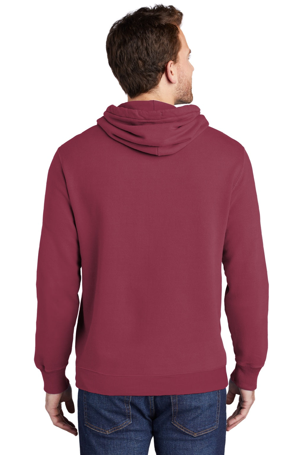 Port & Company PC098H Mens Beach Wash Fleece Hooded Sweatshirt Hoodie w/ Pouch Pocket Merlot Red Model Back