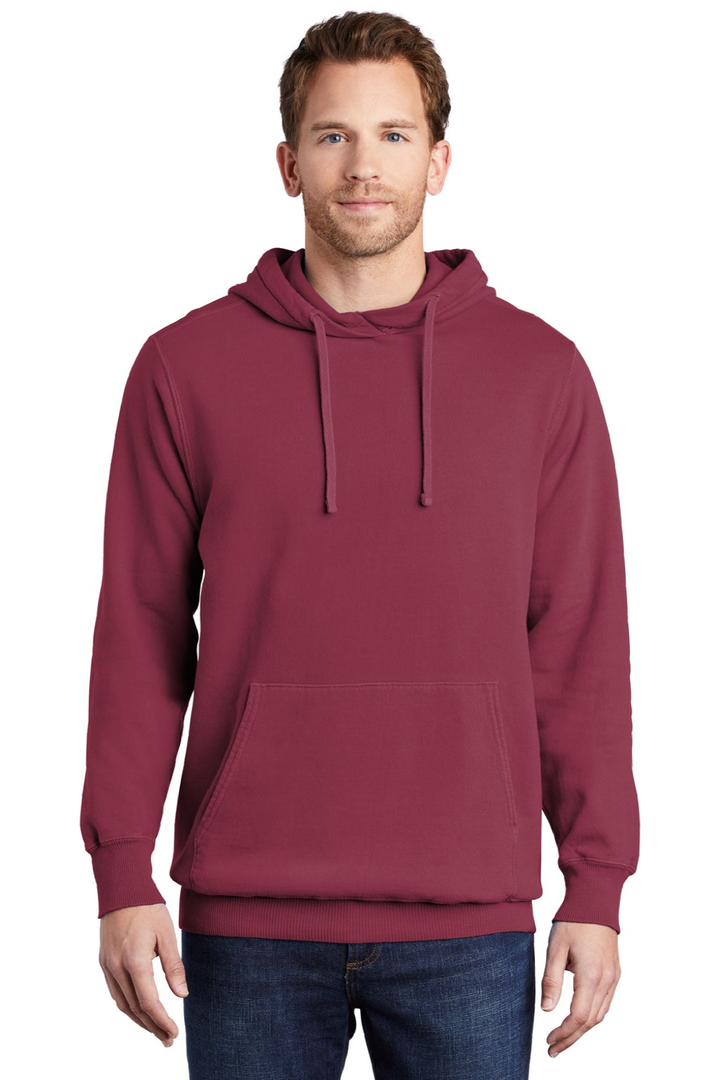 Port & Company PC098H Mens Beach Wash Fleece Hooded Sweatshirt Hoodie w/ Pouch Pocket Merlot Red Model Front