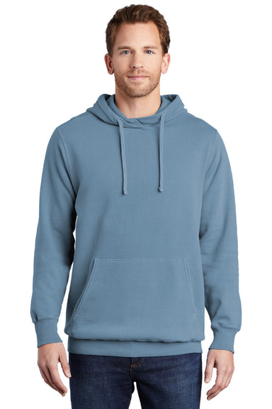 Port & Company PC098H Mens Beach Wash Fleece Hooded Sweatshirt Hoodie w/ Pouch Pocket Mist Blue Model Front