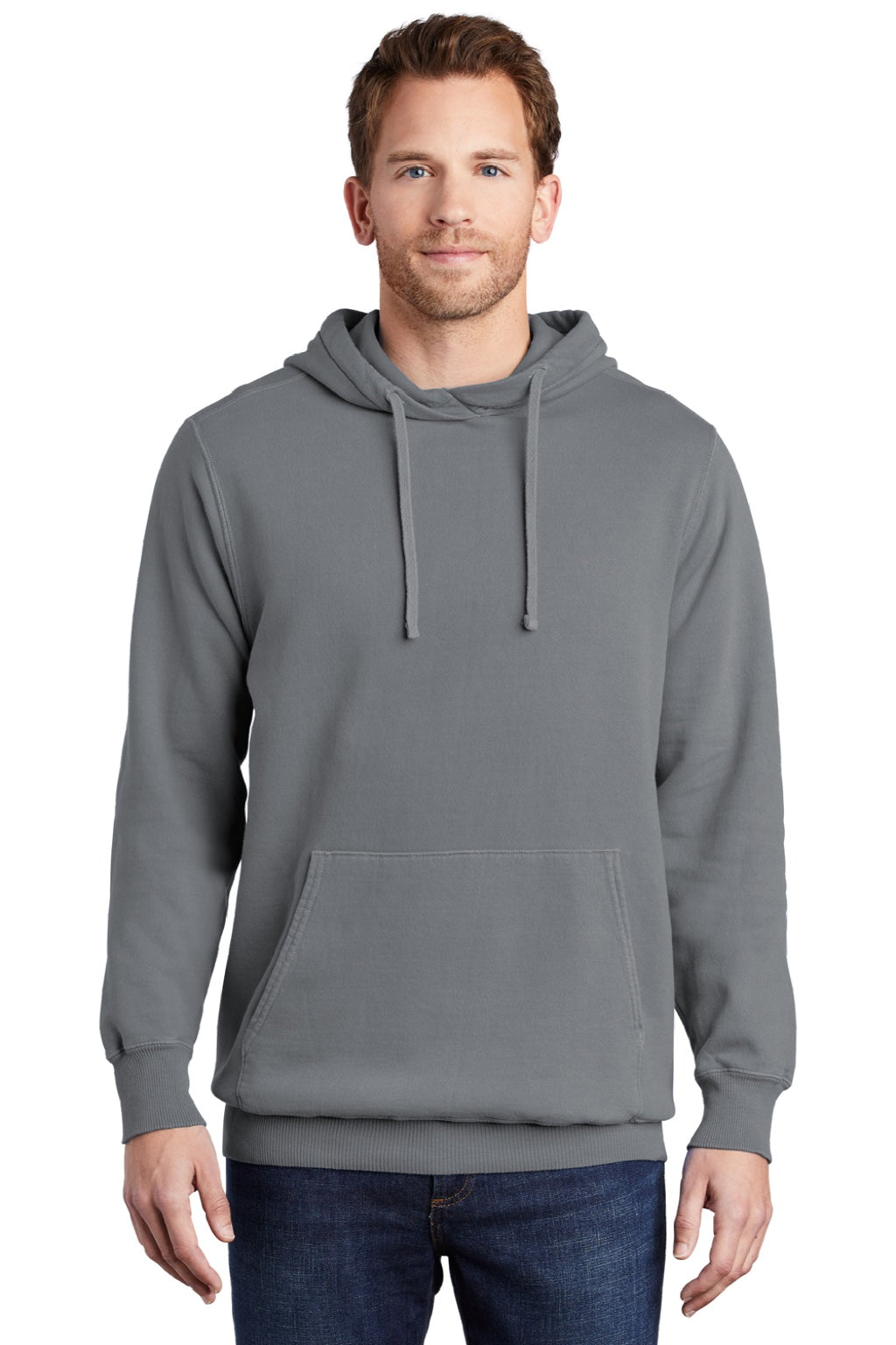 Port & Company PC098H Mens Beach Wash Fleece Hooded Sweatshirt Hoodie w/ Pouch Pocket Pewter Grey Model Front