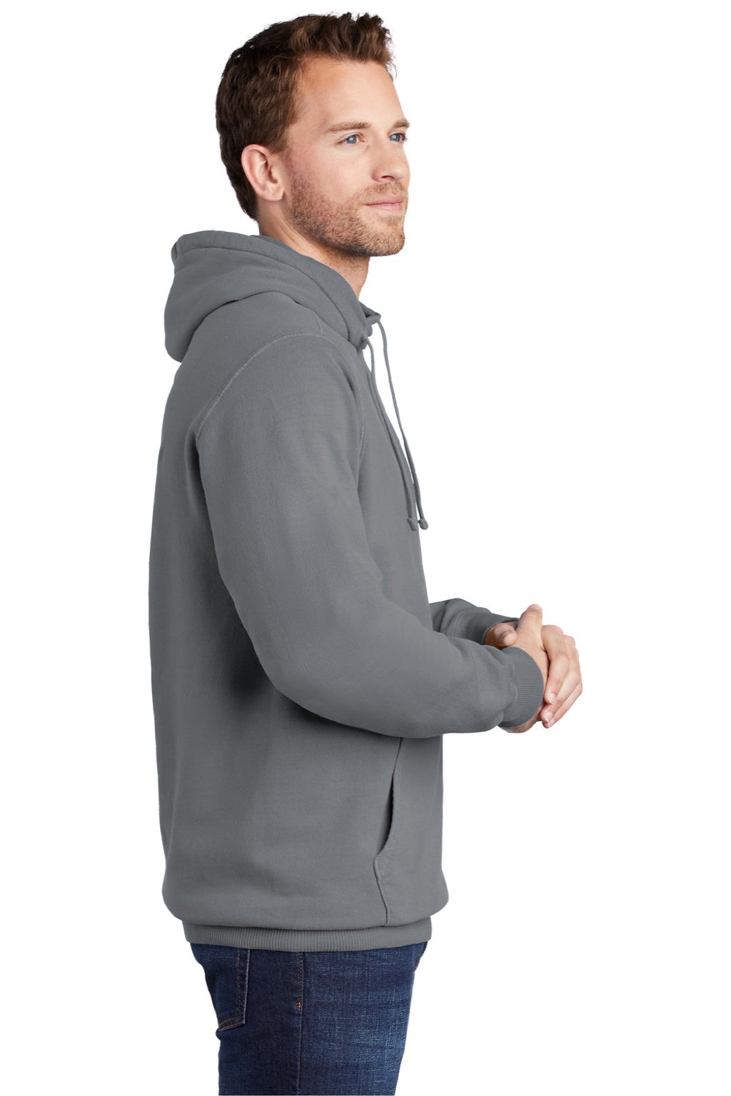Port & Company PC098H Mens Beach Wash Fleece Hooded Sweatshirt Hoodie w/ Pouch Pocket Pewter Grey Model Side