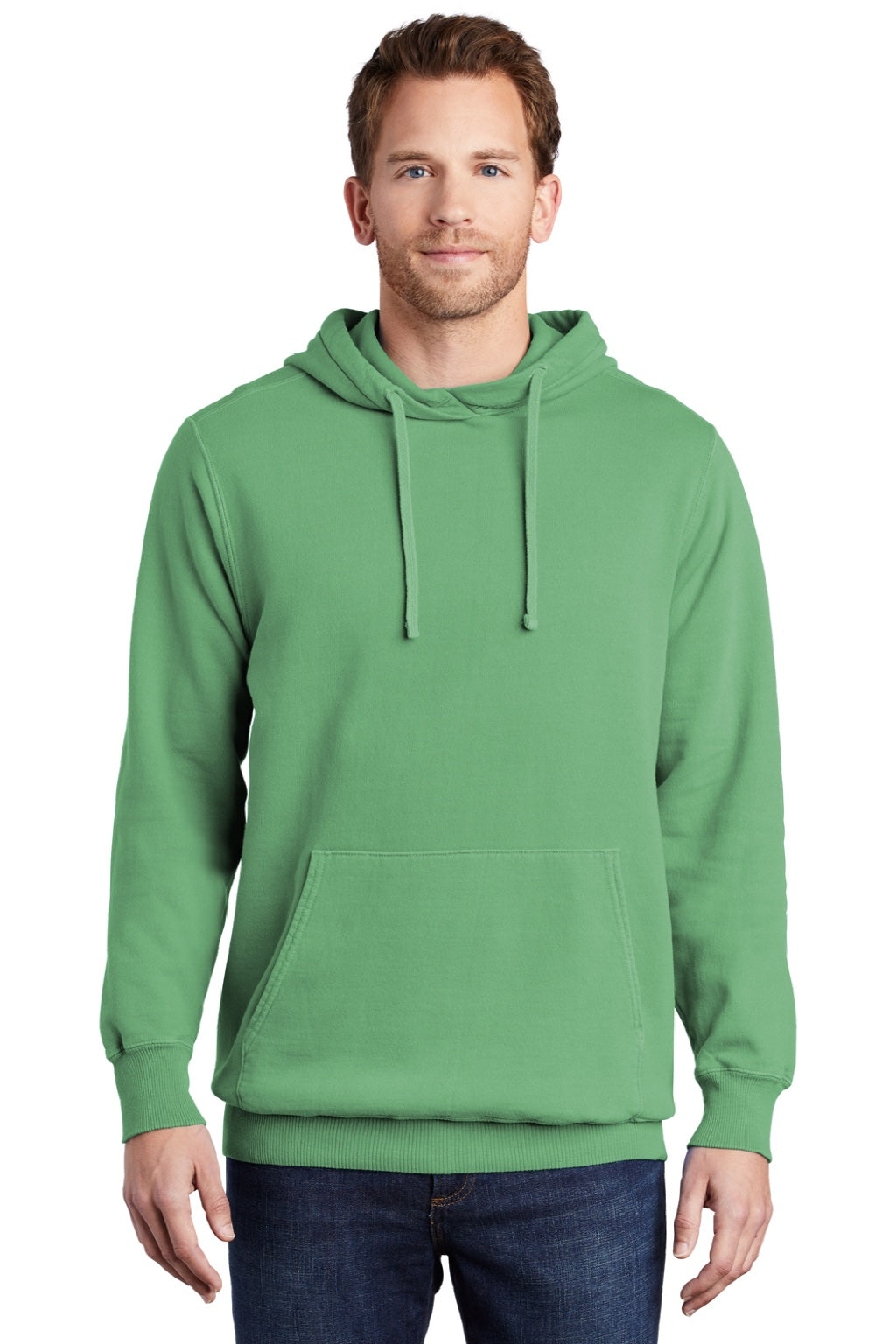 Port & Company PC098H Mens Beach Wash Fleece Hooded Sweatshirt Hoodie w/ Pouch Pocket Safari Green Model Front