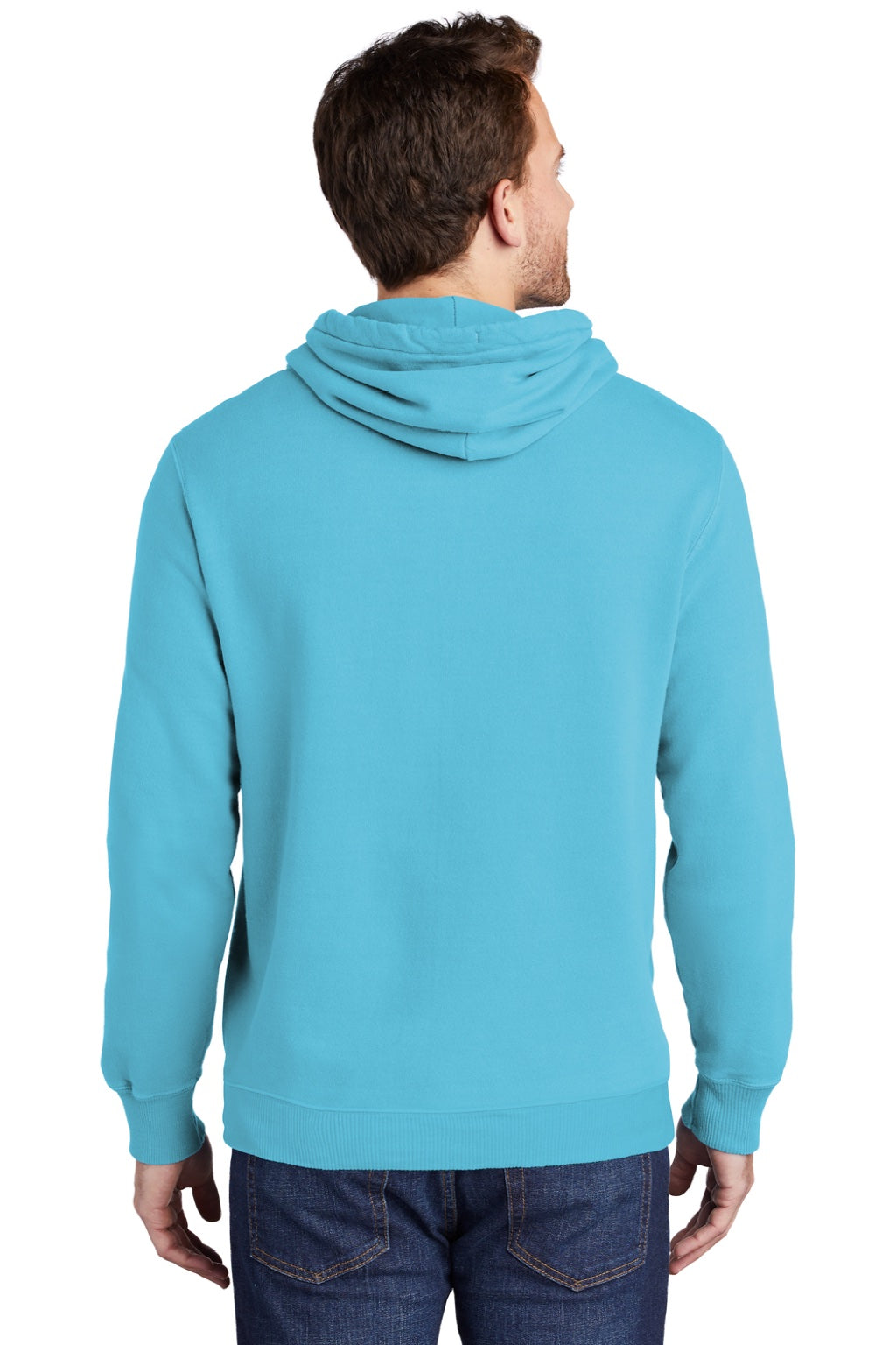 Port & Company PC098H Mens Beach Wash Fleece Hooded Sweatshirt Hoodie w/ Pouch Pocket Tidal Wave Blue Model Back