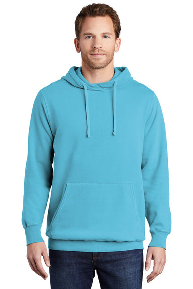 Port & Company PC098H Mens Beach Wash Fleece Hooded Sweatshirt Hoodie w/ Pouch Pocket Tidal Wave Blue Model Front