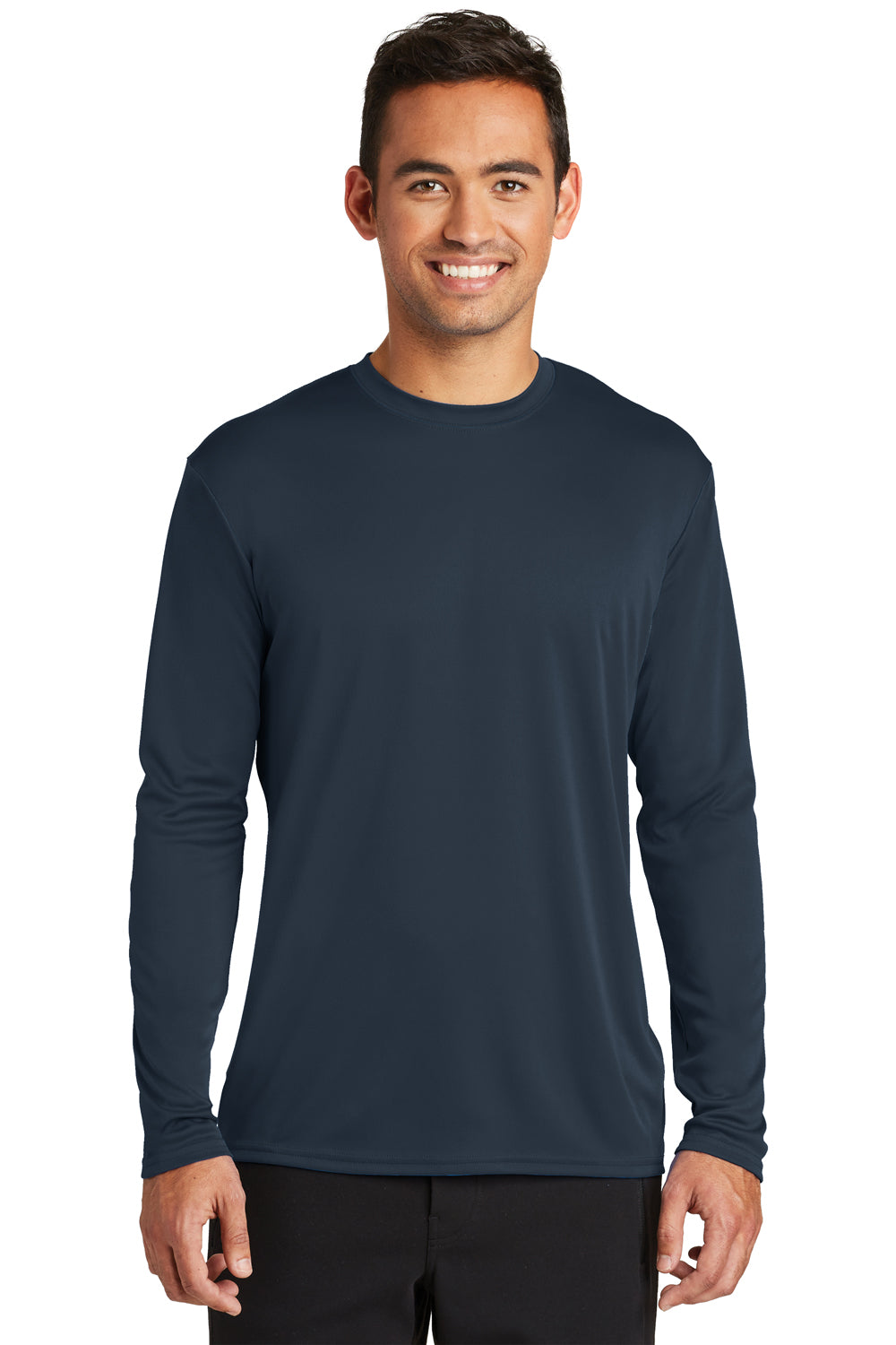 Port & Company PC380LS Mens Dry Zone Performance Moisture Wicking Long Sleeve Crewneck T-Shirt Deep Navy Blue Model Front