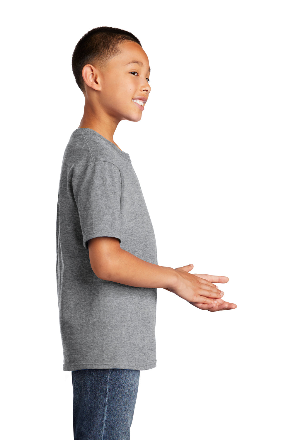 Port & Company PC54Y Youth Core Short Sleeve Crewneck T-Shirt Heather Grey Model Side