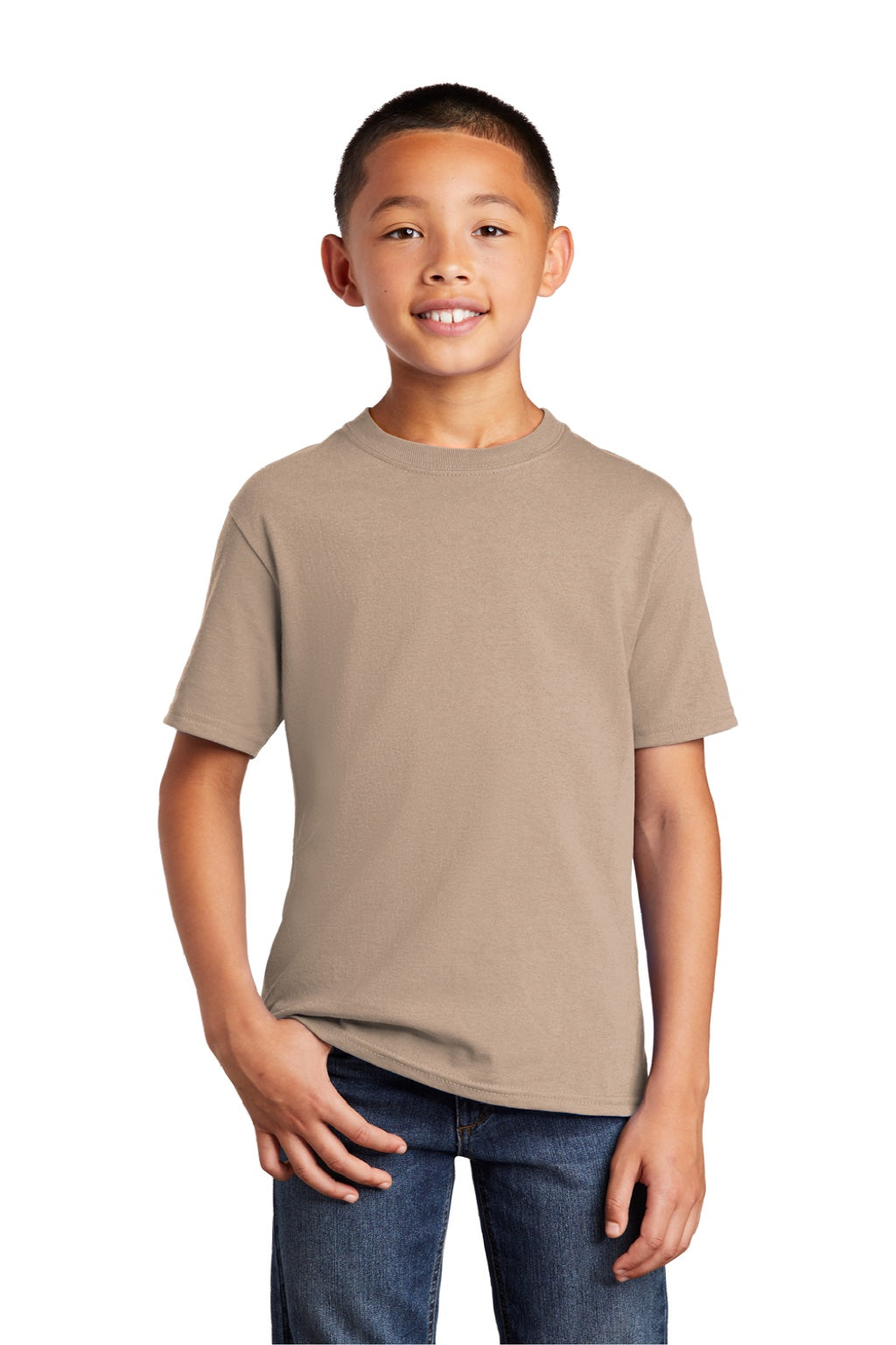 Port & Company PC54Y Youth Core Short Sleeve Crewneck T-Shirt Sand Brown Model Front