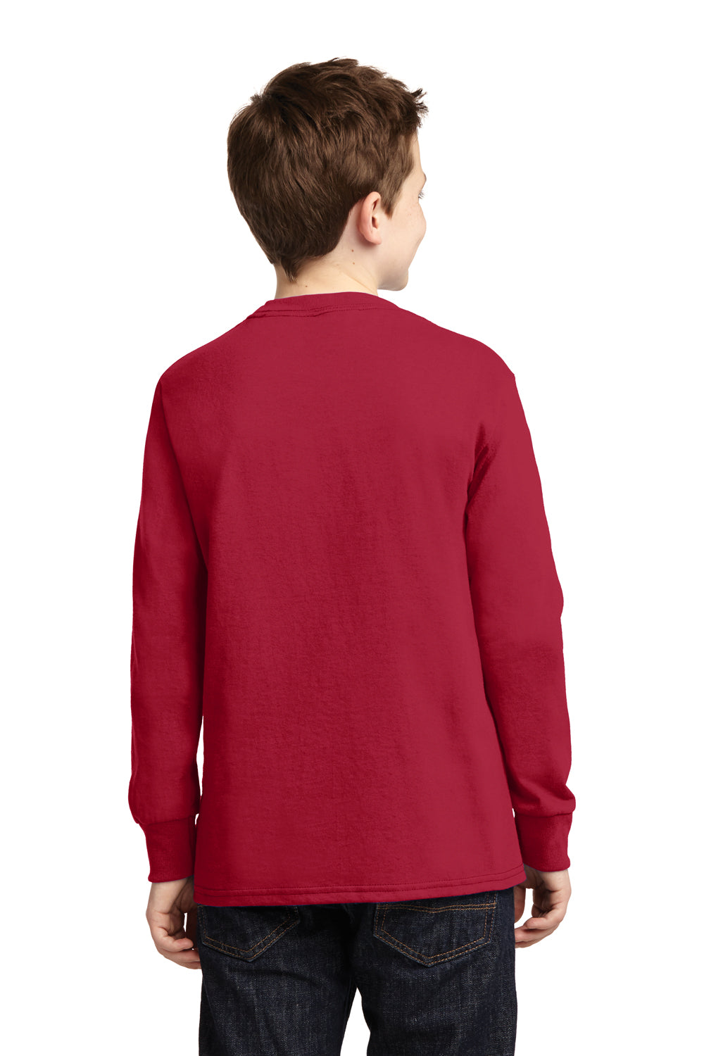 Port & Company PC54YLS Youth Core Long Sleeve Crewneck T-Shirt Red Model Back