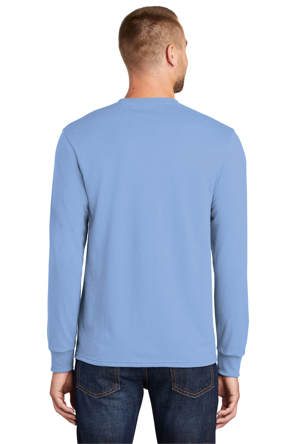 Port & Company PC55LS/PC55LST Mens Core Long Sleeve Crewneck T-Shirt Light Blue Model Back