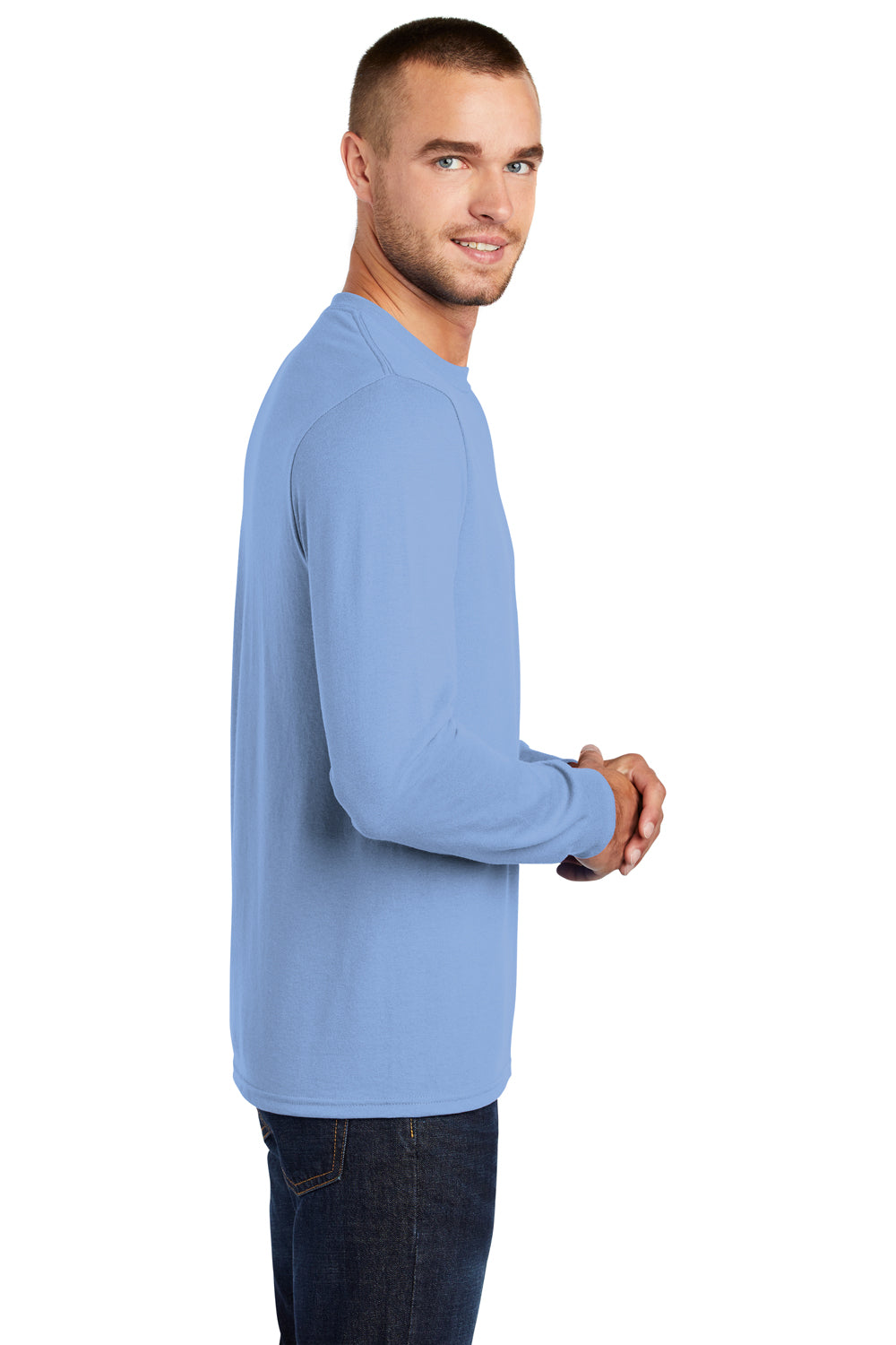 Port & Company PC55LS/PC55LST Mens Core Long Sleeve Crewneck T-Shirt Light Blue Model Side