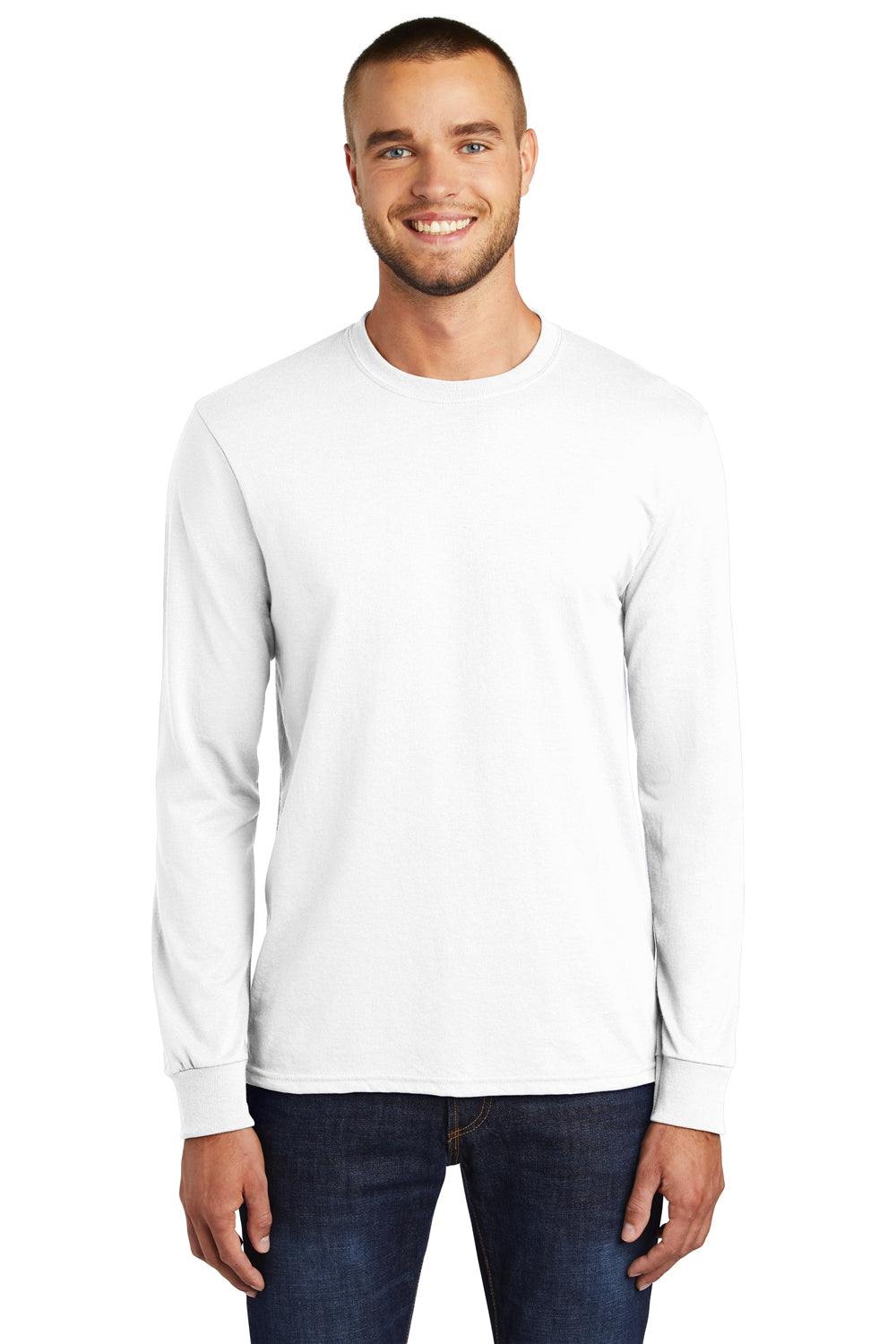 Port & Company PC55LS/PC55LST Mens Core Long Sleeve Crewneck T-Shirt White Model Front