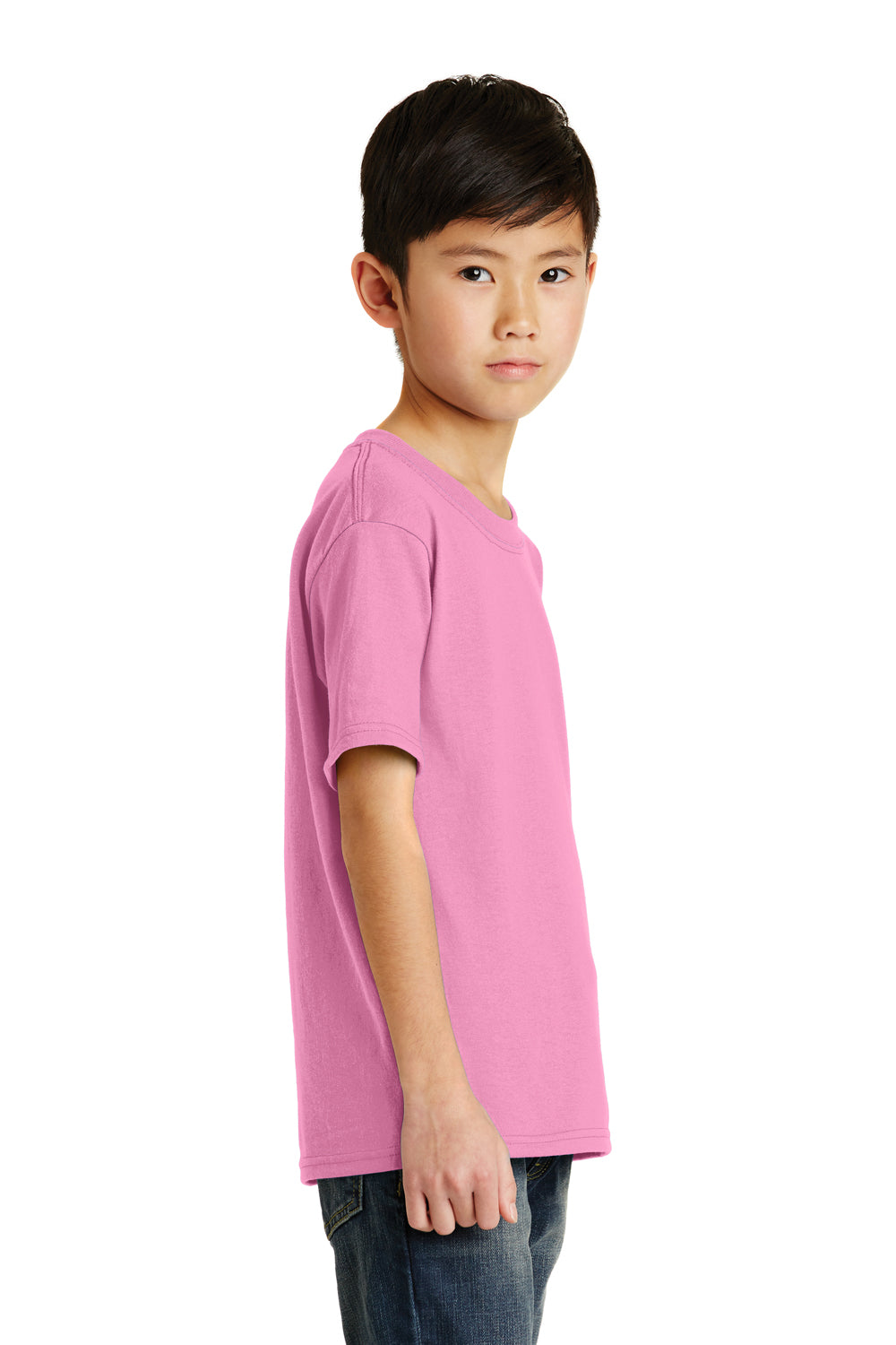 Port & Company PC55Y Youth Core Short Sleeve Crewneck T-Shirt Candy Pink Model Side