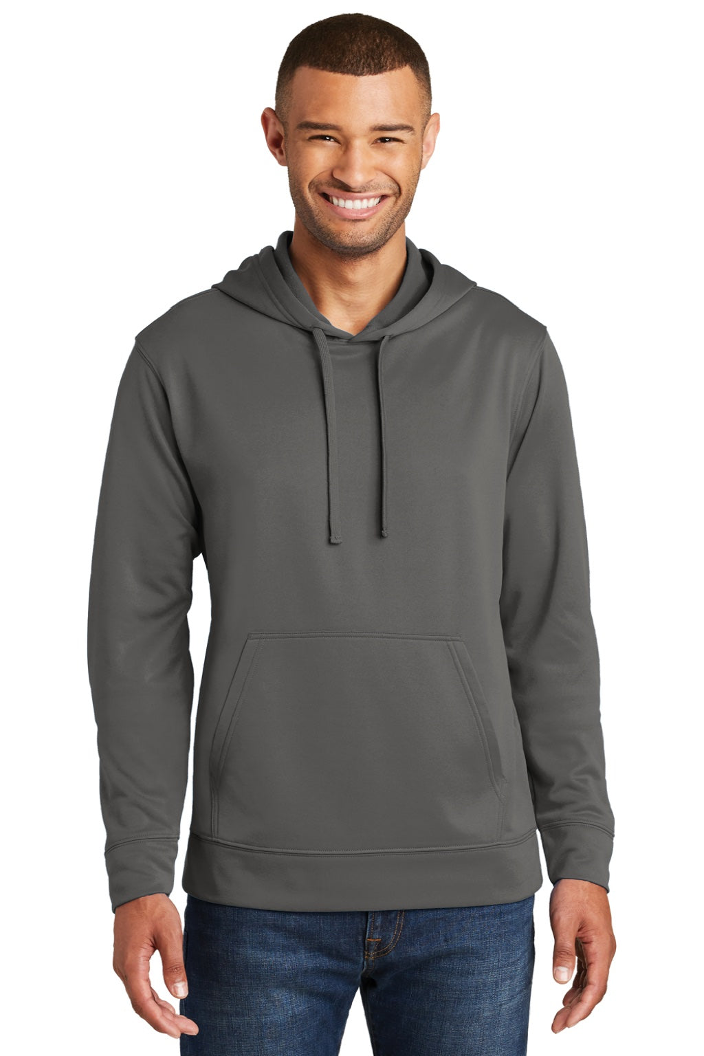 Port & Company PC590H Mens Dry Zone Performance Moisture Wicking Fleece Hooded Sweatshirt Hoodie w/ Pouch Pocket Charcoal Grey Model Front