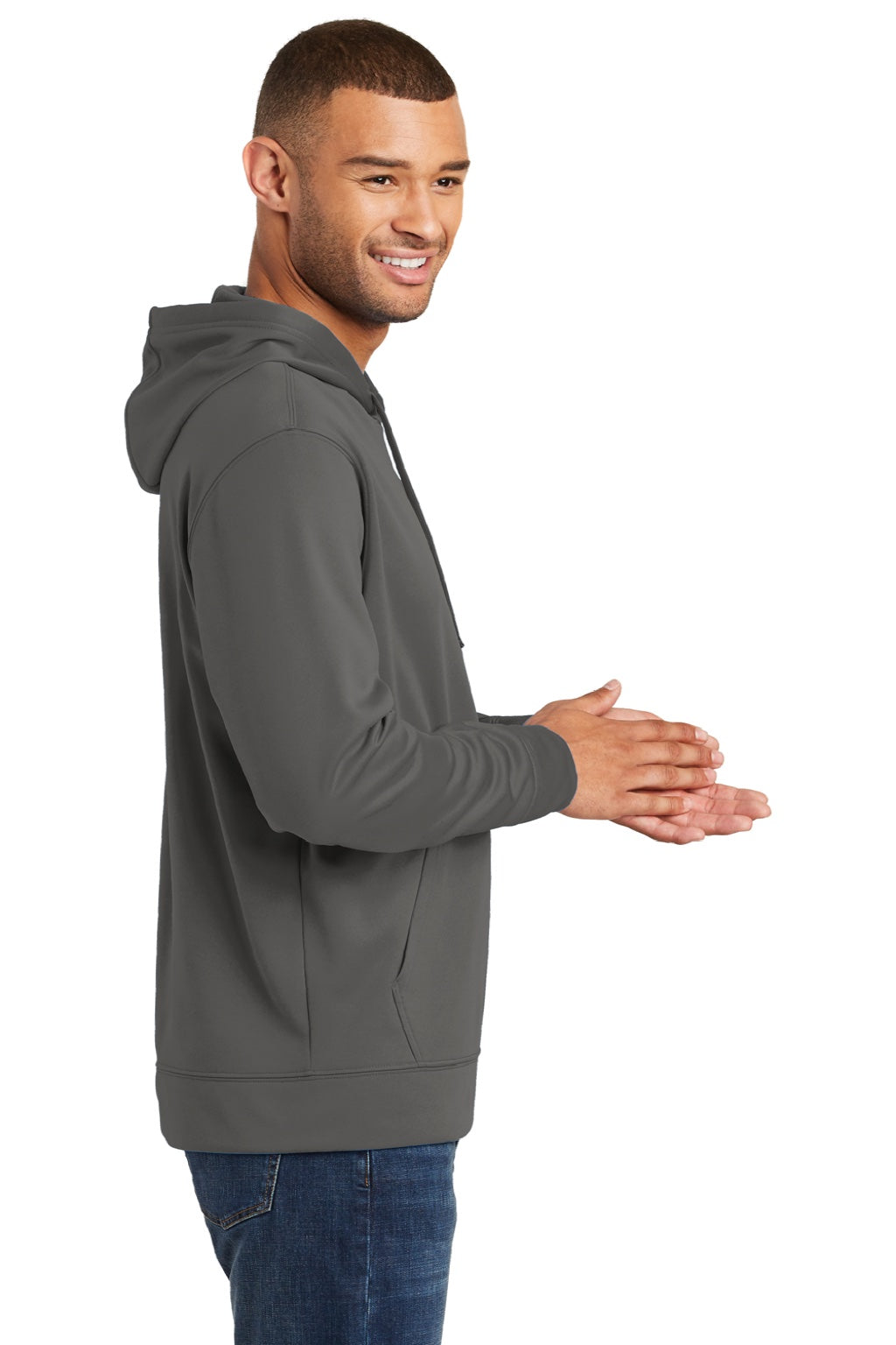 Port & Company PC590H Mens Dry Zone Performance Moisture Wicking Fleece Hooded Sweatshirt Hoodie w/ Pouch Pocket Charcoal Grey Model Side