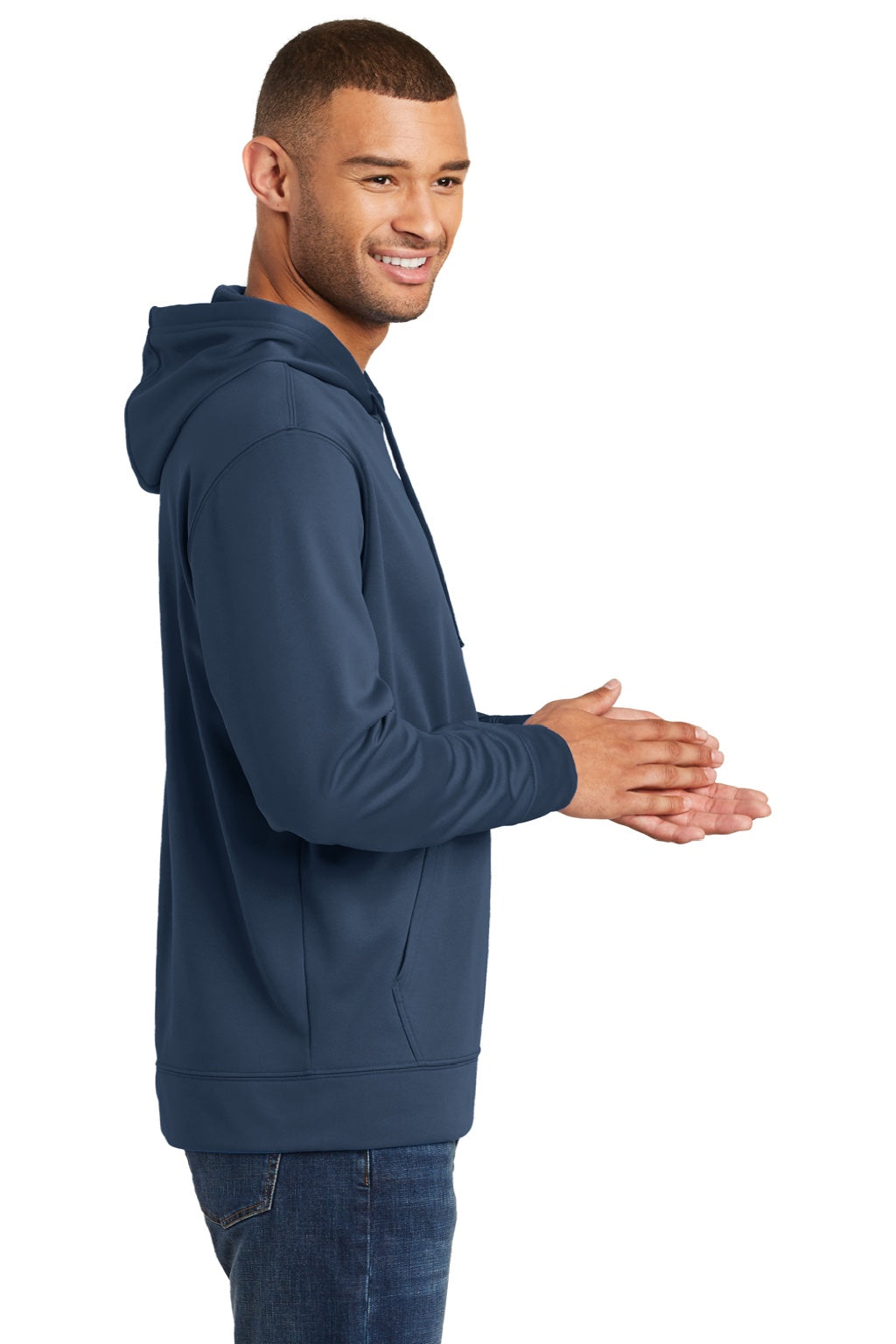 Port & Company PC590H Mens Dry Zone Performance Moisture Wicking Fleece Hooded Sweatshirt Hoodie w/ Pouch Pocket Deep Navy Blue Model Side