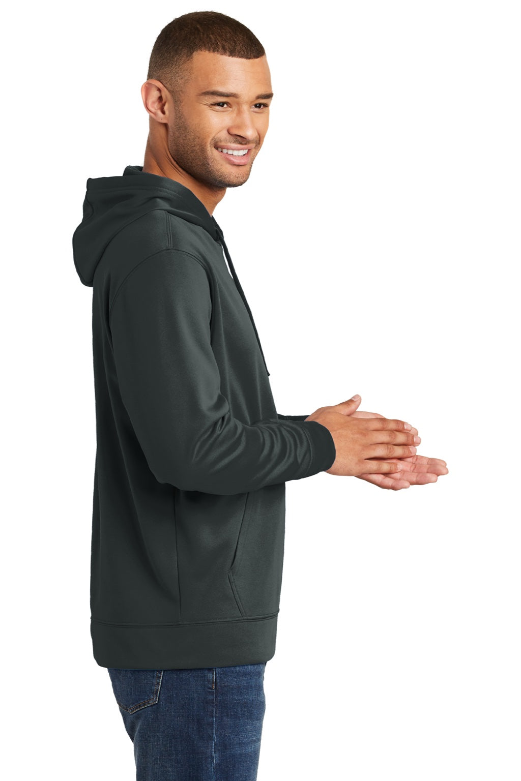 Port & Company PC590H Mens Dry Zone Performance Moisture Wicking Fleece Hooded Sweatshirt Hoodie w/ Pouch Pocket Jet Black Model Side