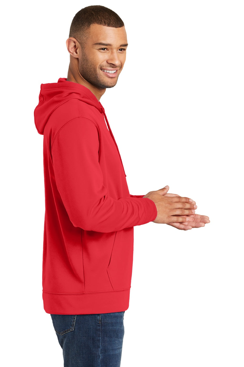 Port & Company PC590H Mens Dry Zone Performance Moisture Wicking Fleece Hooded Sweatshirt Hoodie w/ Pouch Pocket Red Model Side