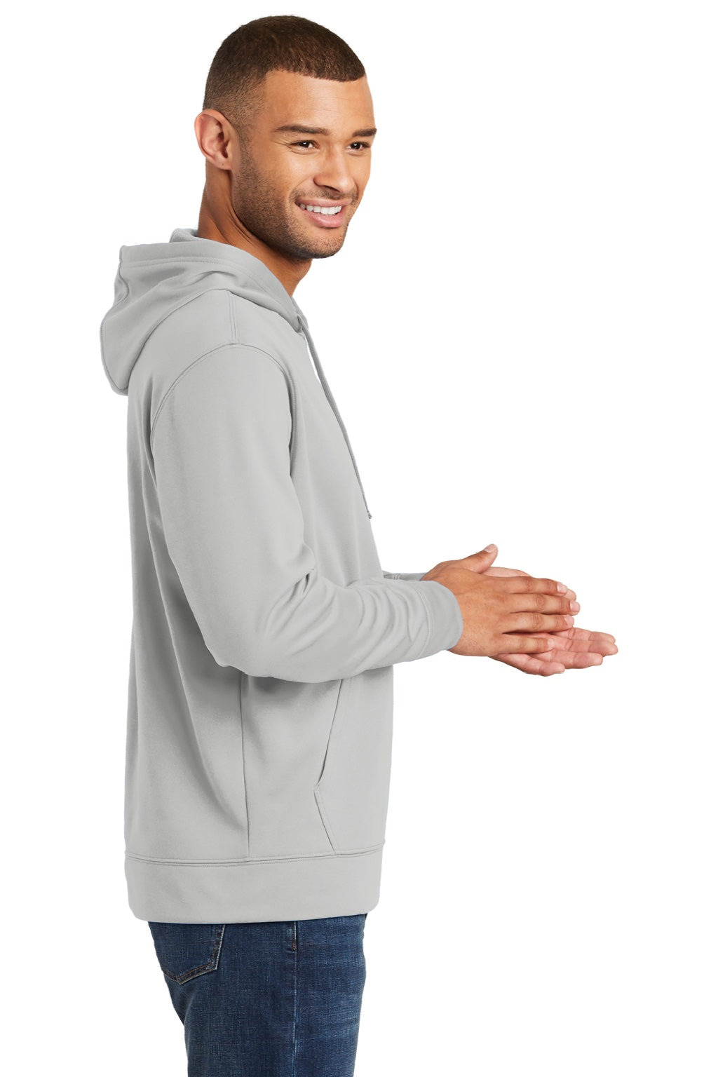 Port & Company PC590H Mens Dry Zone Performance Moisture Wicking Fleece Hooded Sweatshirt Hoodie w/ Pouch Pocket Silver Grey Model Side