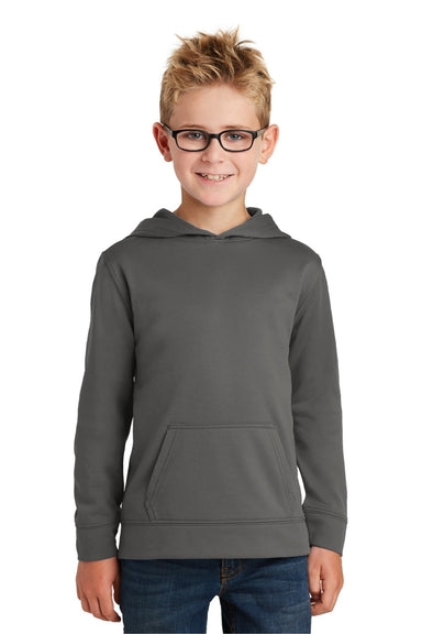 Port & Company PC590YH Youth Dry Zone Performance Moisture Wicking Fleece Hooded Sweatshirt Hoodie w/ Pouch Pocket Charcoal Grey Model Front