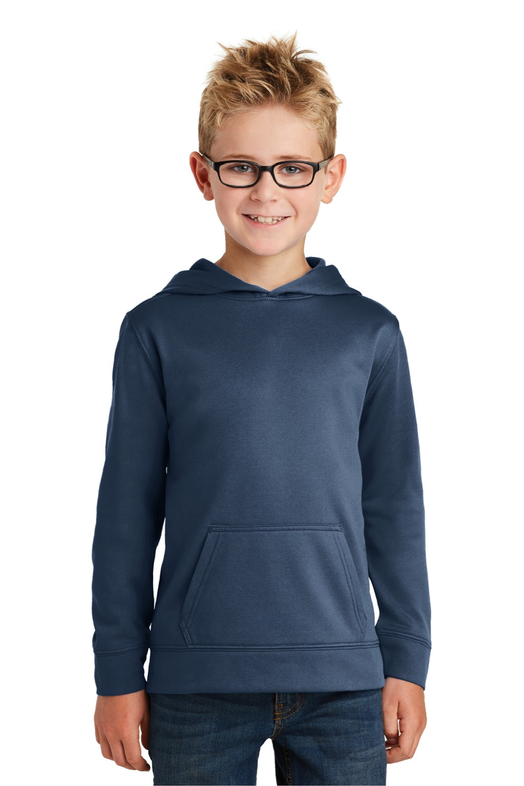 Port & Company PC590YH Youth Dry Zone Performance Moisture Wicking Fleece Hooded Sweatshirt Hoodie w/ Pouch Pocket Deep Navy Blue Model Front