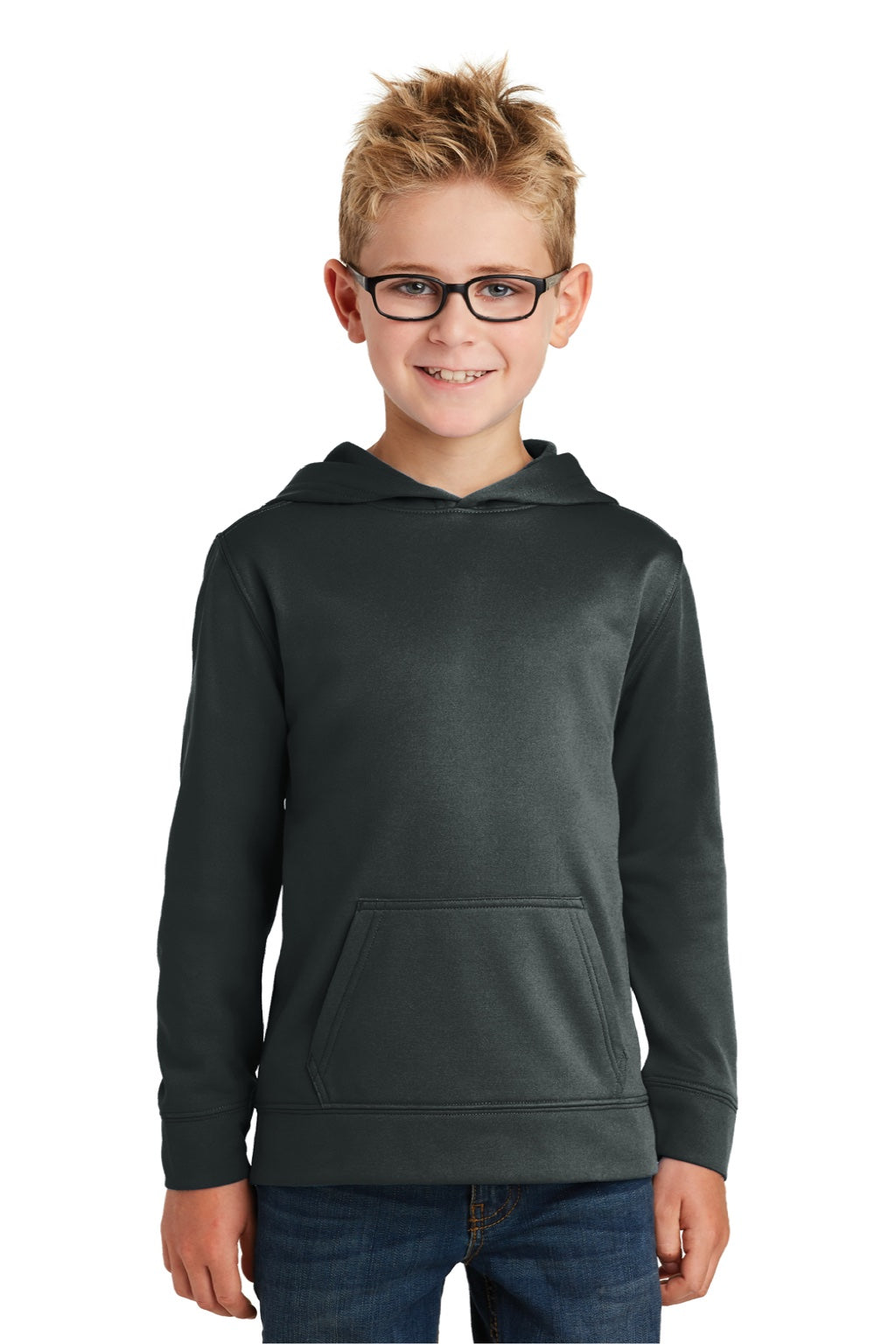 Port & Company PC590YH Youth Dry Zone Performance Moisture Wicking Fleece Hooded Sweatshirt Hoodie w/ Pouch Pocket Jet Black Model Front