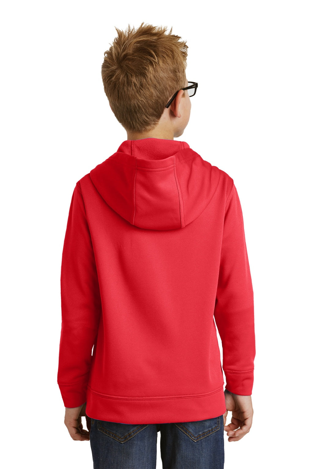 Port & Company PC590YH Youth Dry Zone Performance Moisture Wicking Fleece Hooded Sweatshirt Hoodie w/ Pouch Pocket Red Model Back
