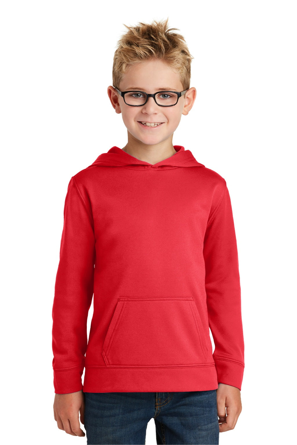 Port & Company PC590YH Youth Dry Zone Performance Moisture Wicking Fleece Hooded Sweatshirt Hoodie w/ Pouch Pocket Red Model Front