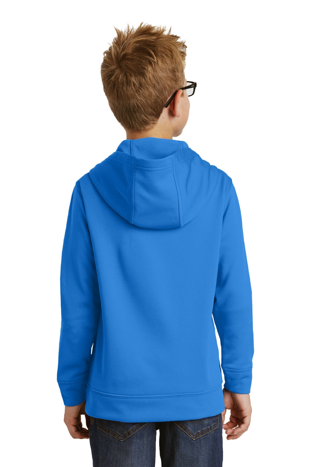 Port & Company PC590YH Youth Dry Zone Performance Moisture Wicking Fleece Hooded Sweatshirt Hoodie w/ Pouch Pocket Royal Blue Model Back