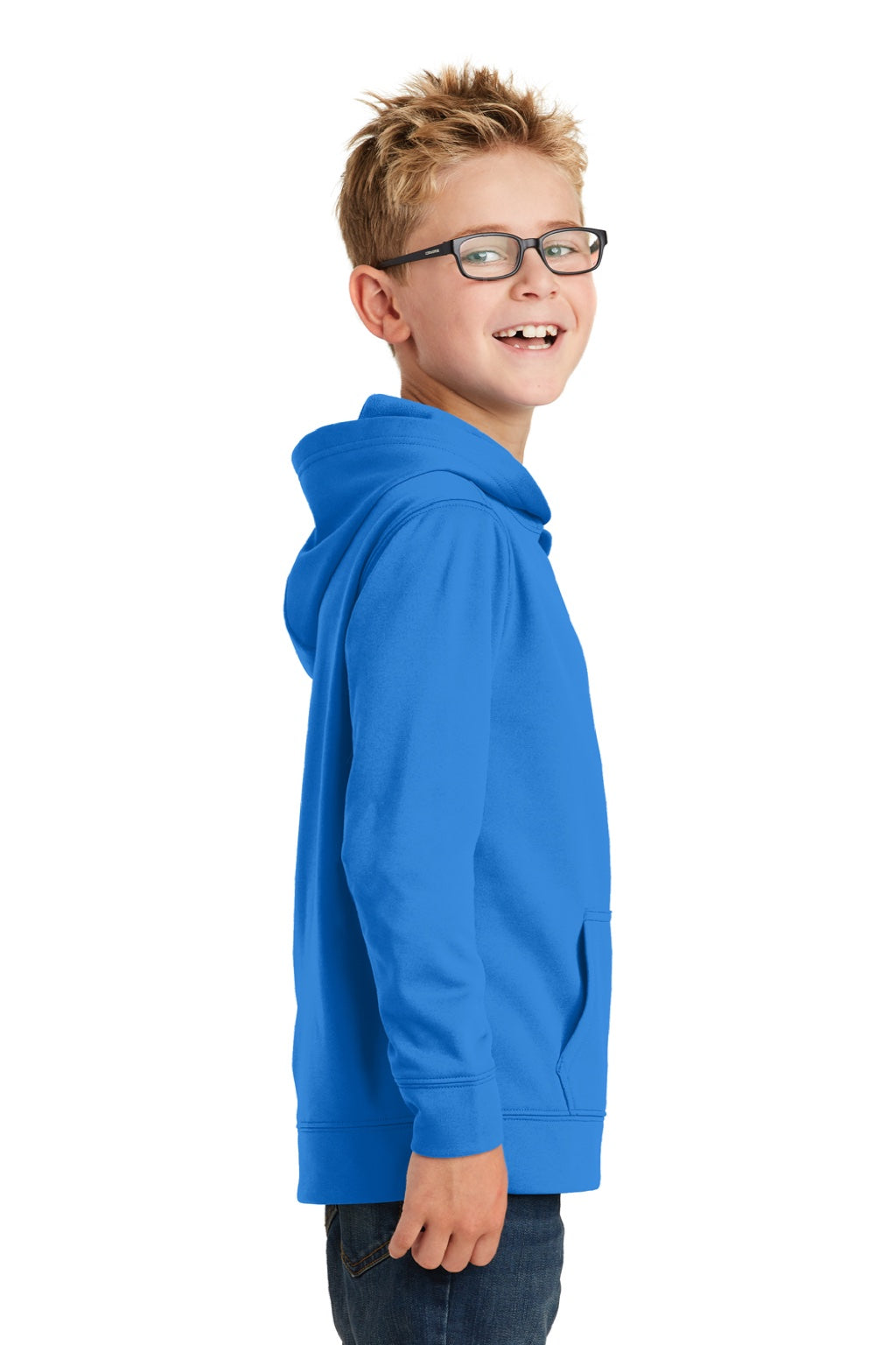 Port & Company PC590YH Youth Dry Zone Performance Moisture Wicking Fleece Hooded Sweatshirt Hoodie w/ Pouch Pocket Royal Blue Model Side