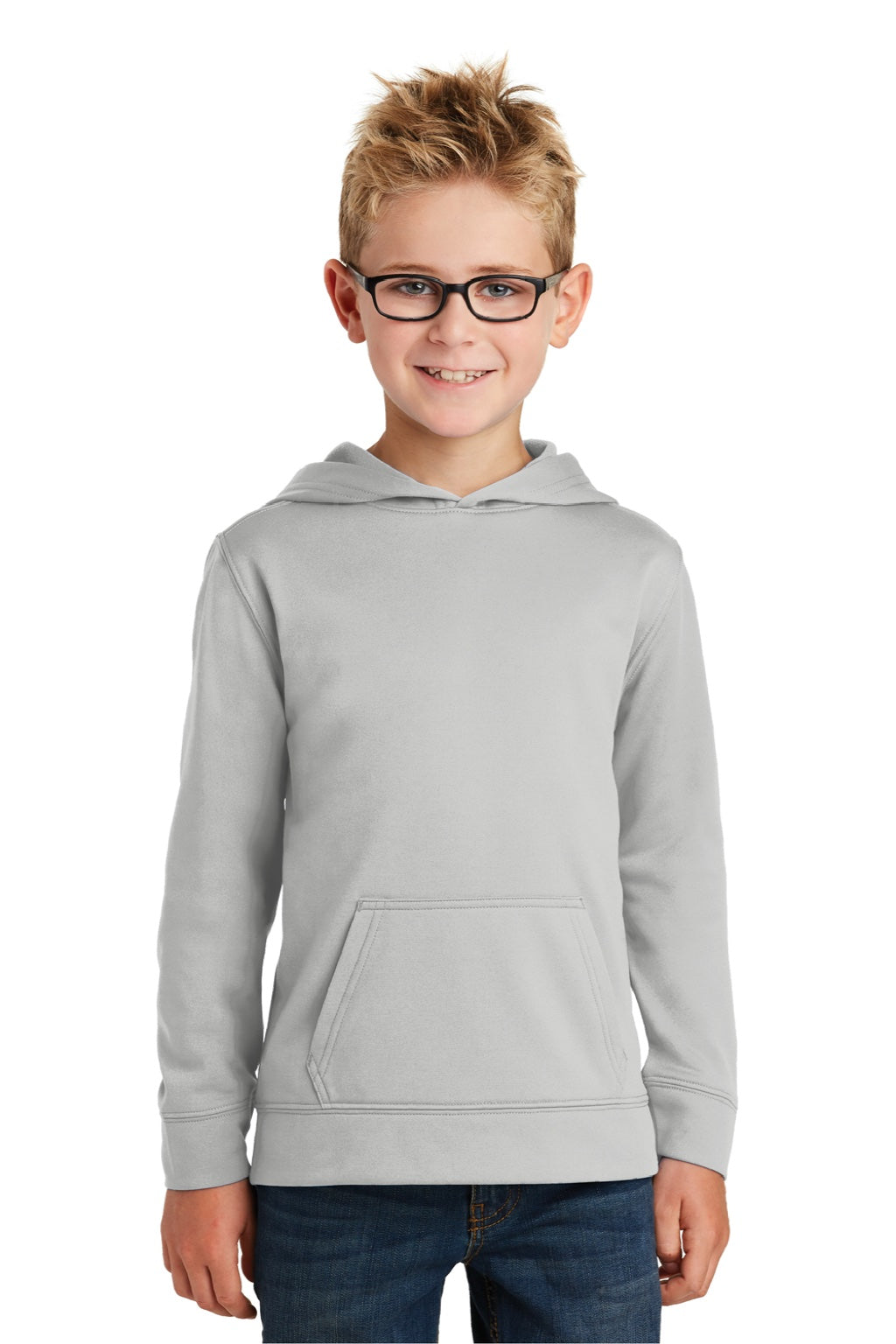 Port & Company PC590YH Youth Dry Zone Performance Moisture Wicking Fleece Hooded Sweatshirt Hoodie w/ Pouch Pocket Silver Grey Model Front