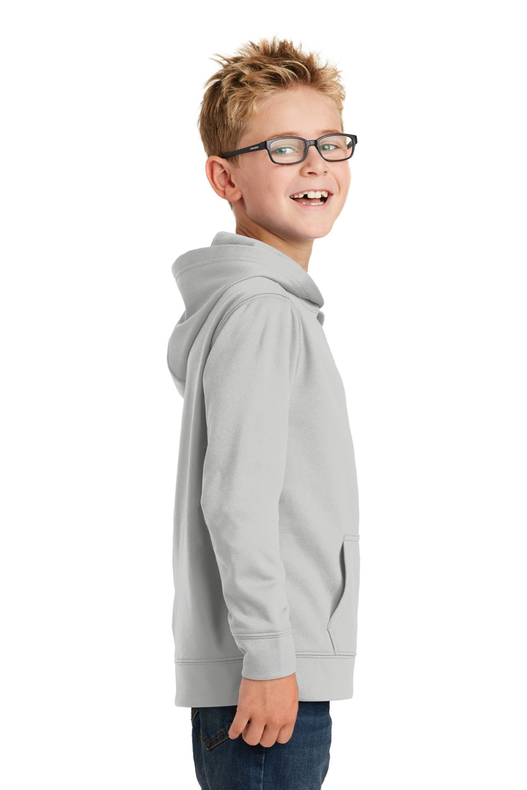 Port & Company PC590YH Youth Dry Zone Performance Moisture Wicking Fleece Hooded Sweatshirt Hoodie w/ Pouch Pocket Silver Grey Model Side