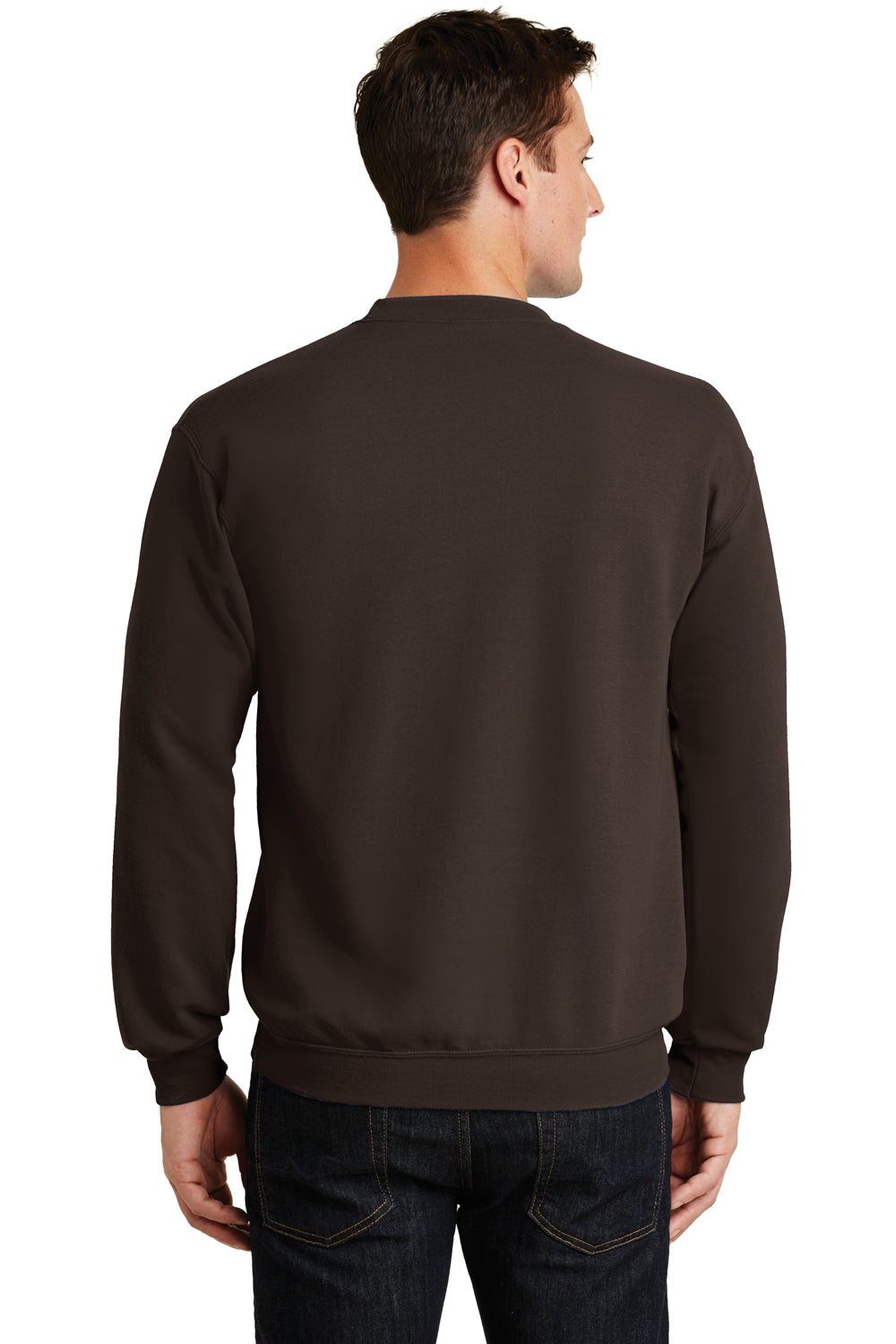 Port & Company PC78 Mens Core Pill Resistant Fleece Crewneck Sweatshirt Dark Chocolate Brown Model Back