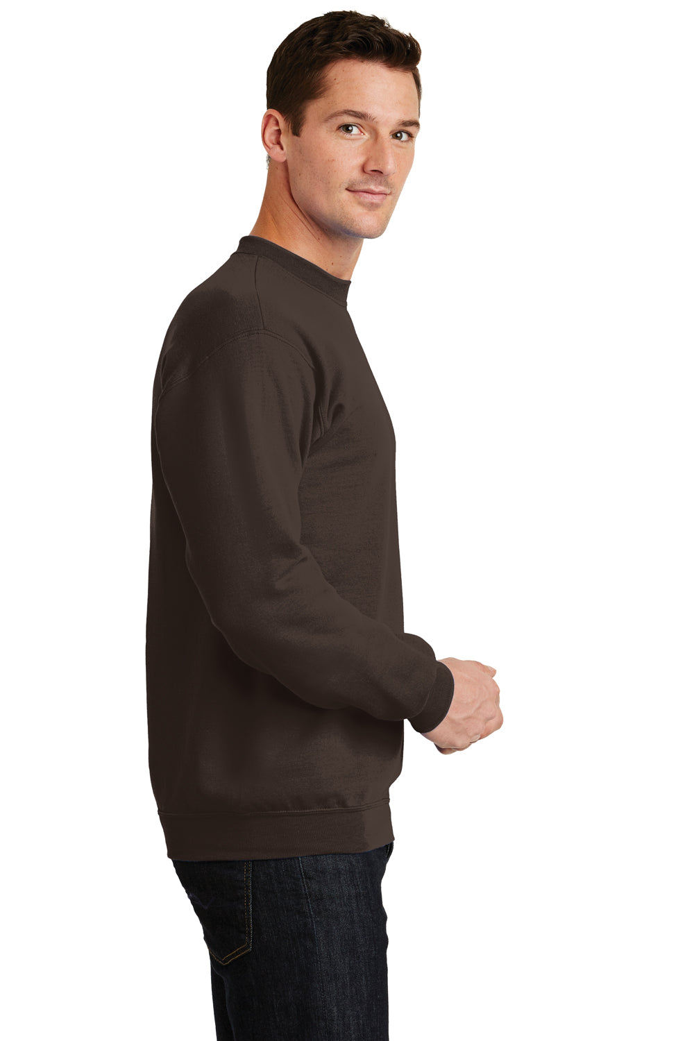 Port & Company PC78 Mens Core Pill Resistant Fleece Crewneck Sweatshirt Dark Chocolate Brown Model Side