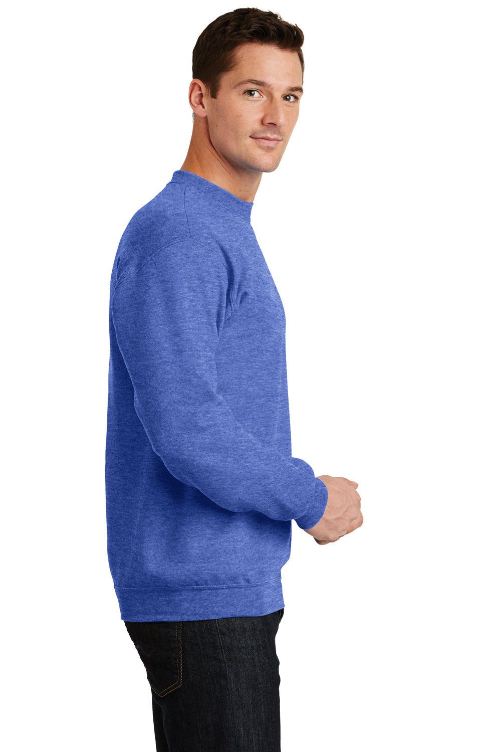 Port & Company PC78 Mens Core Pill Resistant Fleece Crewneck Sweatshirt Heather Royal Blue Model Side