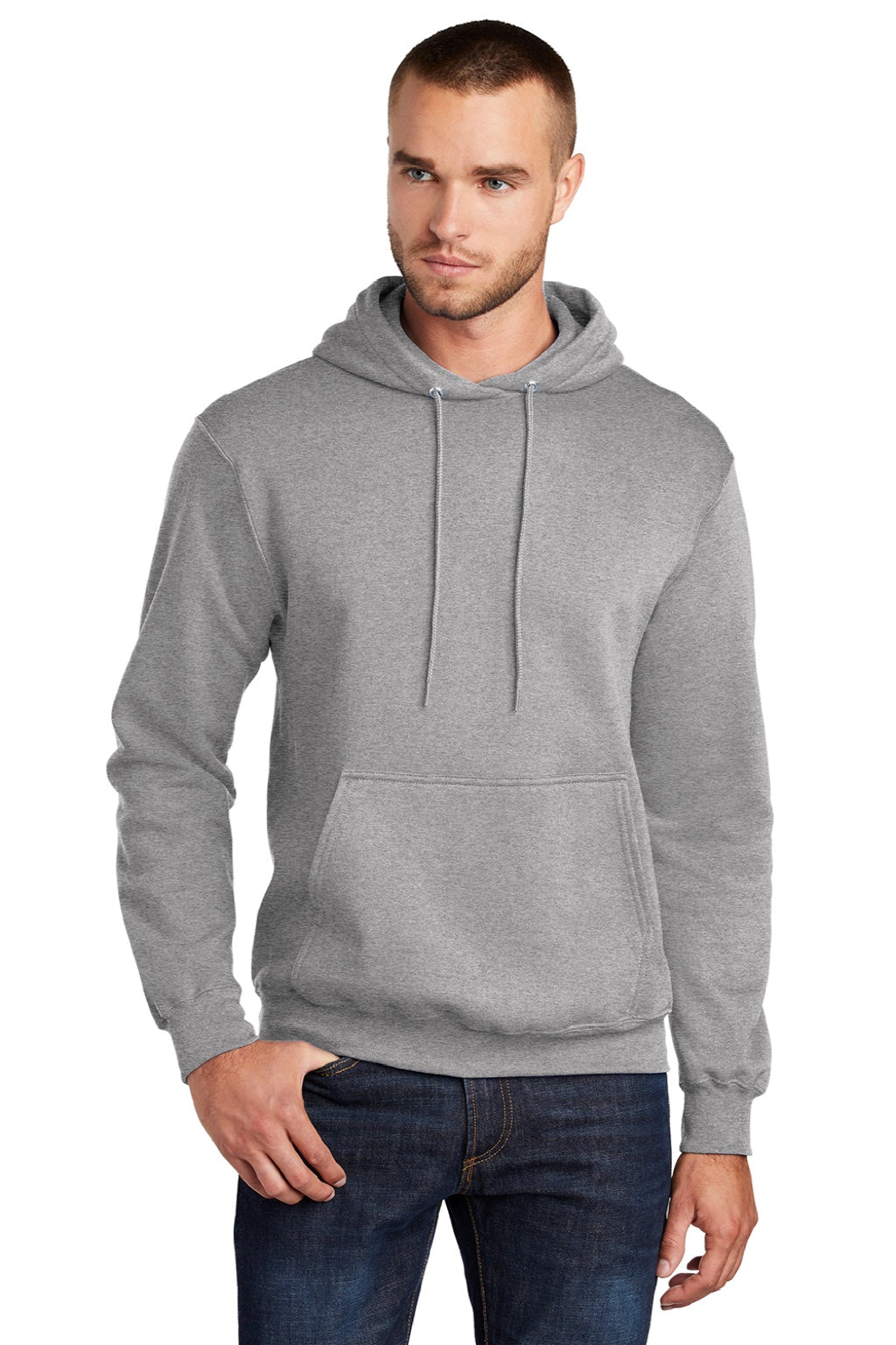 Port & Company PC78H/PC78HT Mens Core Pill Resistant Fleece Hooded Sweatshirt Hoodie w/ Pouch Pocket Heather Grey Model Front
