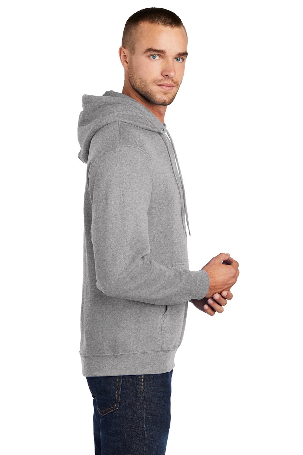 Port & Company PC78H/PC78HT Mens Core Pill Resistant Fleece Hooded Sweatshirt Hoodie w/ Pouch Pocket Heather Grey Model Side